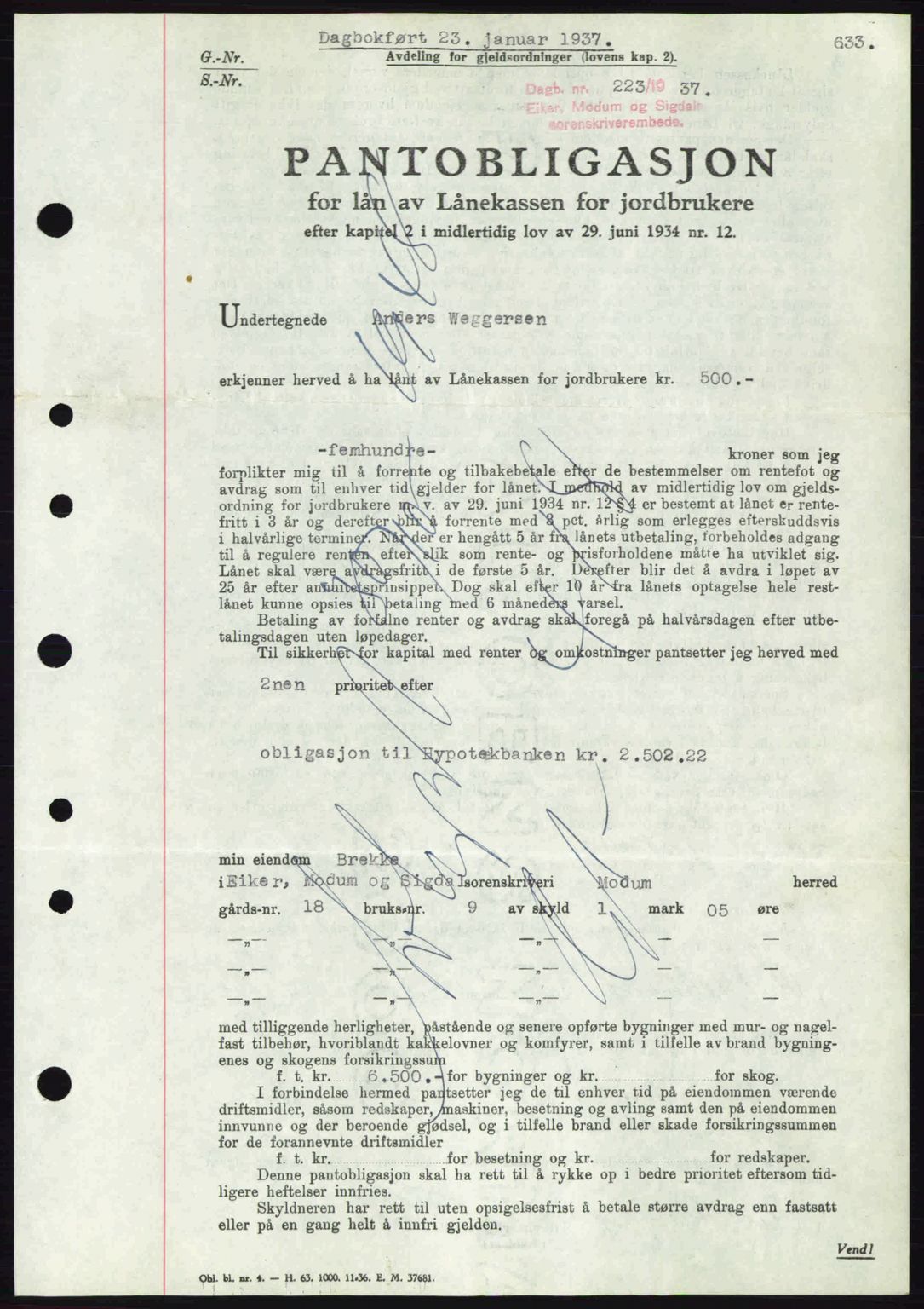Eiker, Modum og Sigdal sorenskriveri, SAKO/A-123/G/Ga/Gab/L0034: Mortgage book no. A4, 1936-1937, Diary no: : 223/1937