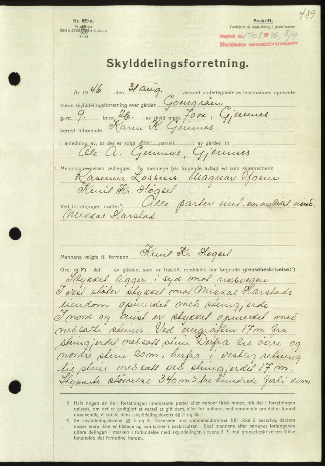 Nordmøre sorenskriveri, AV/SAT-A-4132/1/2/2Ca: Mortgage book no. A102, 1946-1946, Diary no: : 1708/1946