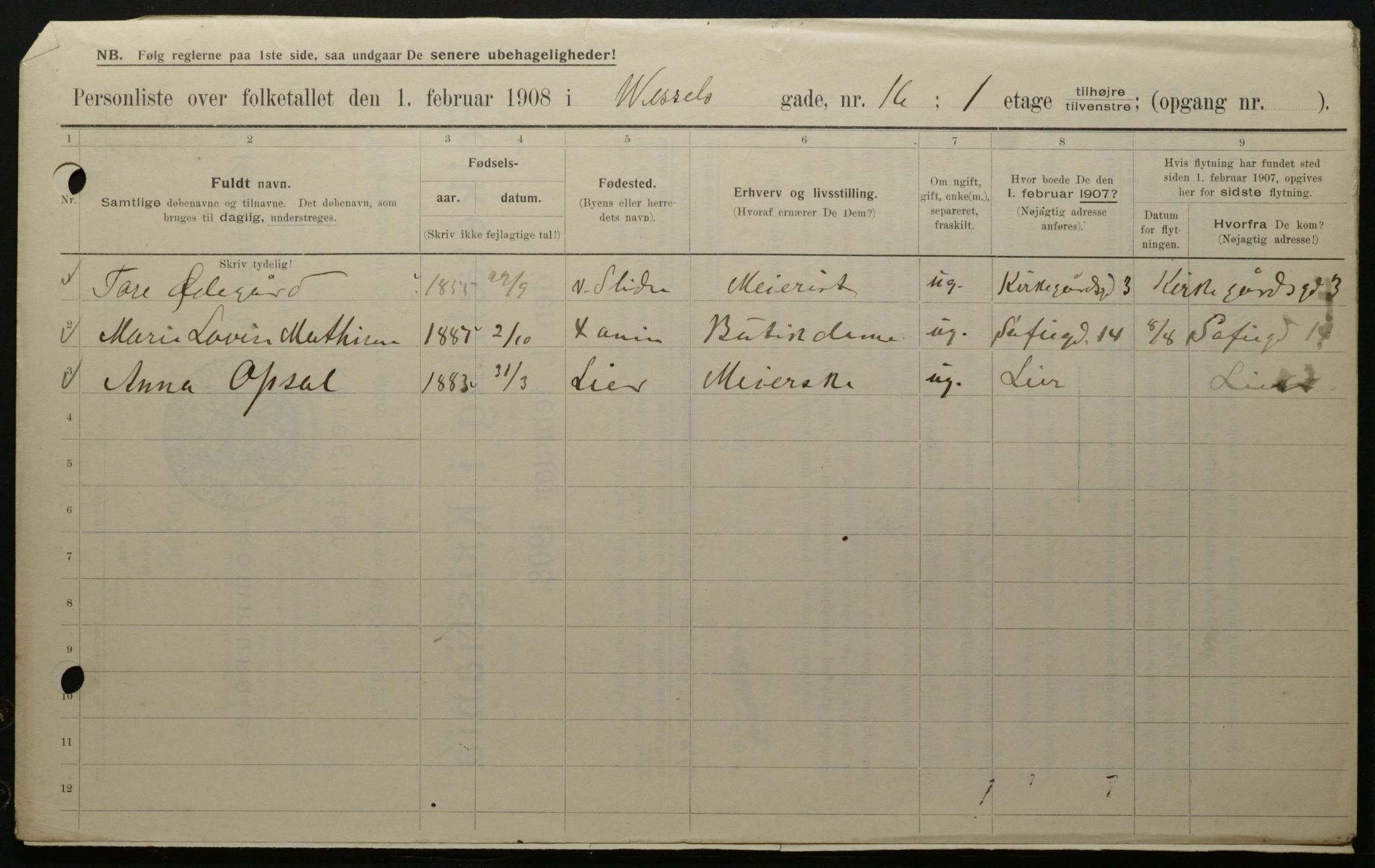 OBA, Municipal Census 1908 for Kristiania, 1908, p. 115077