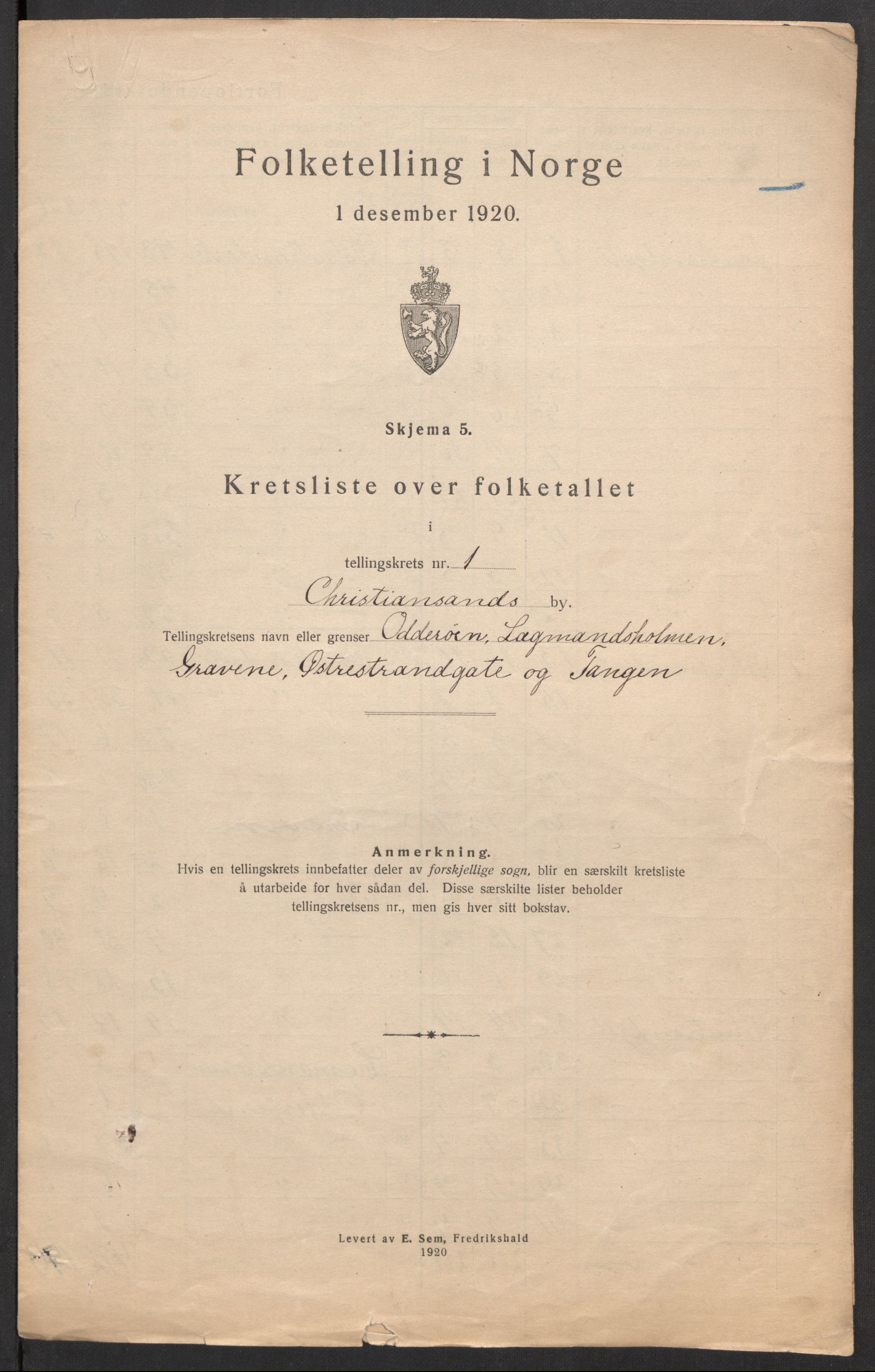 SAK, 1920 census for Kristiansand, 1920, p. 7