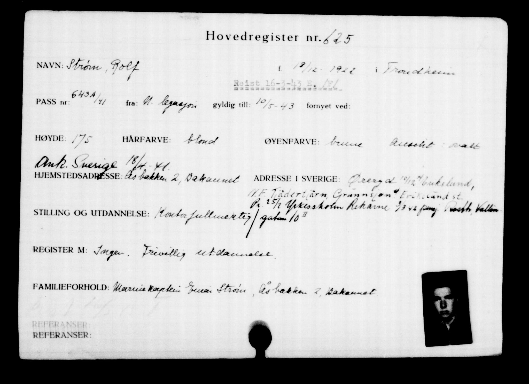 Utenriksstasjonene, Legasjonen i Stockholm, Flyktningkontoret, AV/RA-S-6753/V/Va/L0001: Kjesäterkartoteket, flyktninger med registreringsnr. 1-1000, 1940-1945, p. 979
