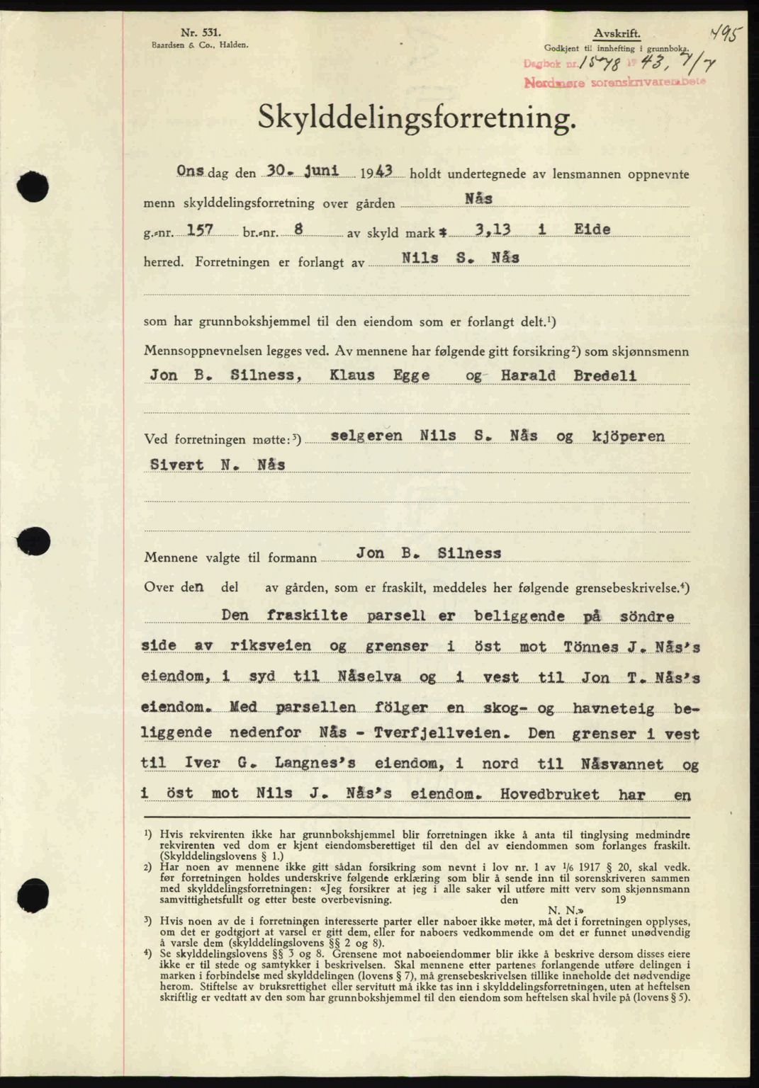 Nordmøre sorenskriveri, AV/SAT-A-4132/1/2/2Ca: Mortgage book no. A95, 1943-1943, Diary no: : 1578/1943