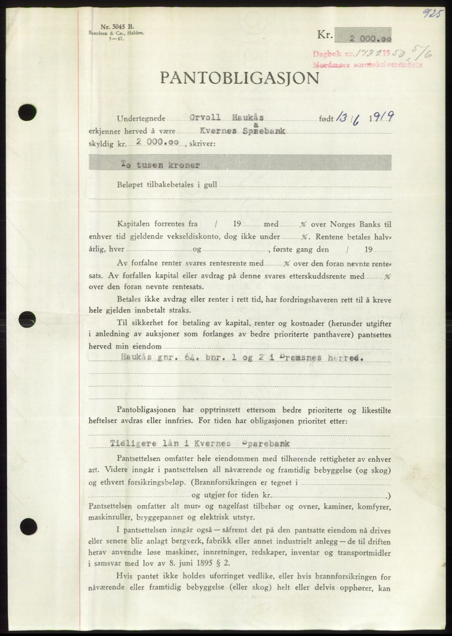 Nordmøre sorenskriveri, AV/SAT-A-4132/1/2/2Ca: Mortgage book no. B104, 1950-1950, Diary no: : 1732/1950