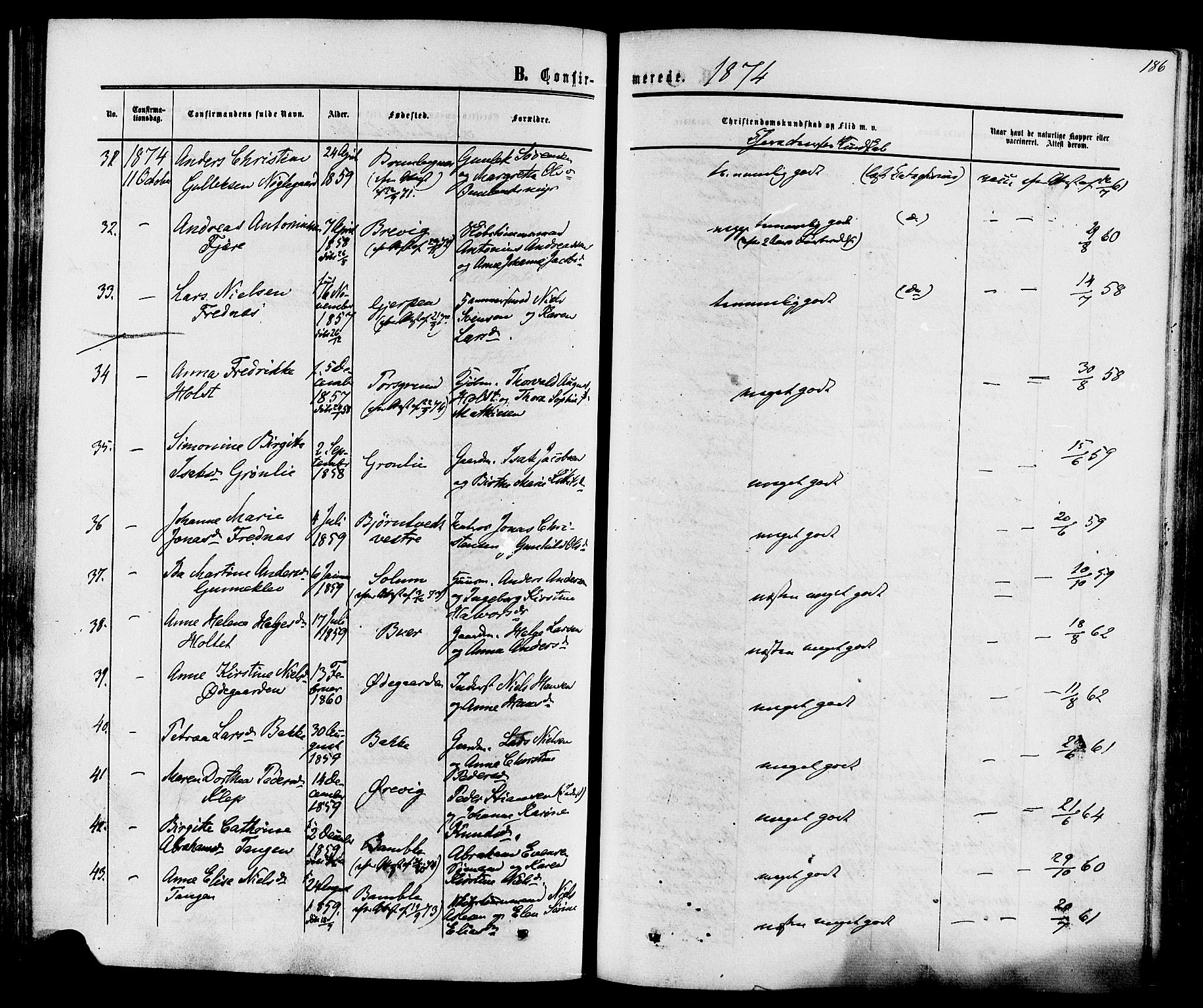Eidanger kirkebøker, SAKO/A-261/F/Fa/L0010: Parish register (official) no. 10, 1859-1874, p. 186