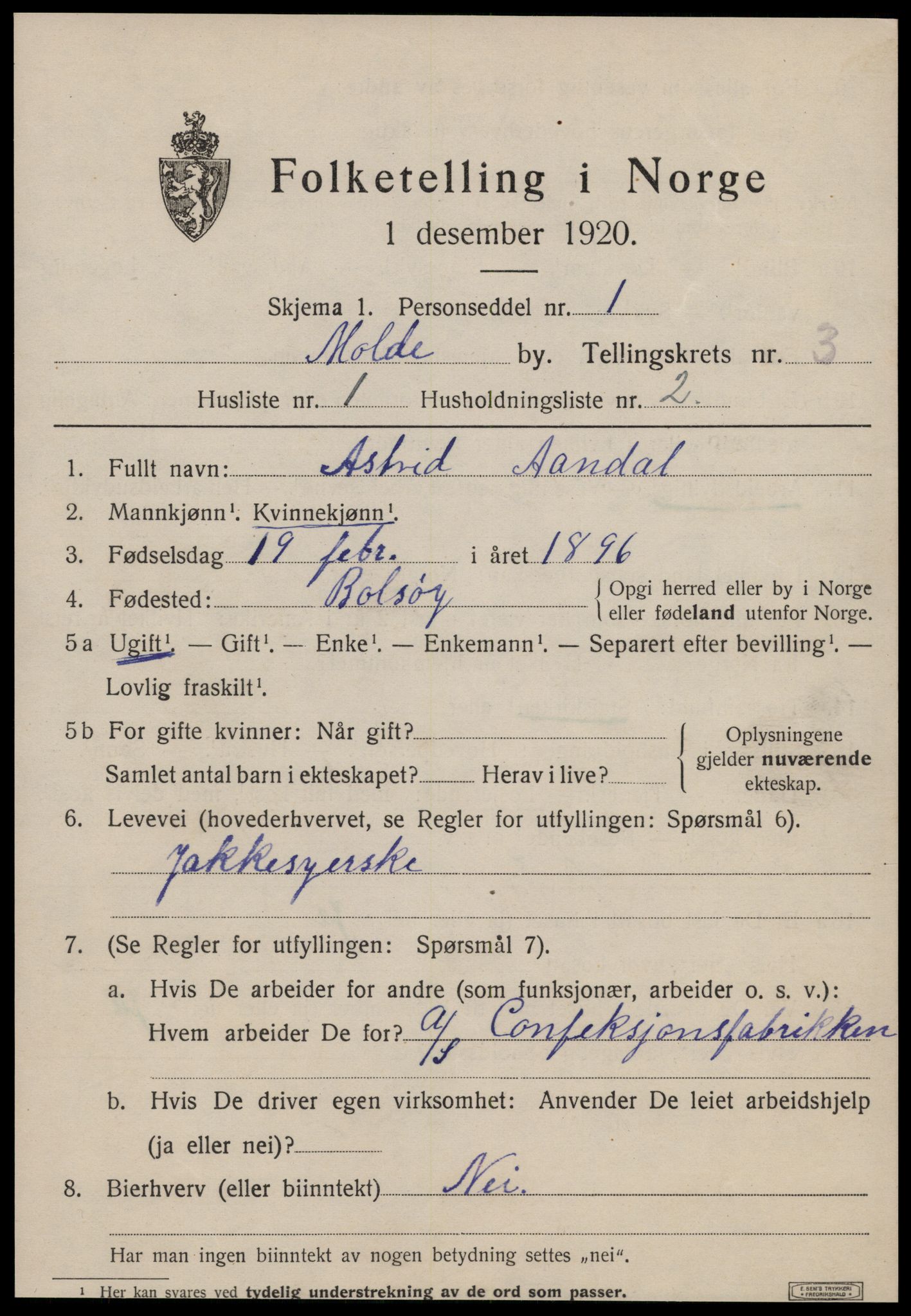 SAT, 1920 census for Molde, 1920, p. 3871