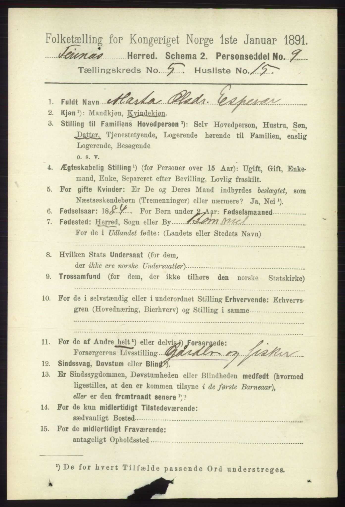 RA, 1891 census for 1218 Finnås, 1891, p. 2311