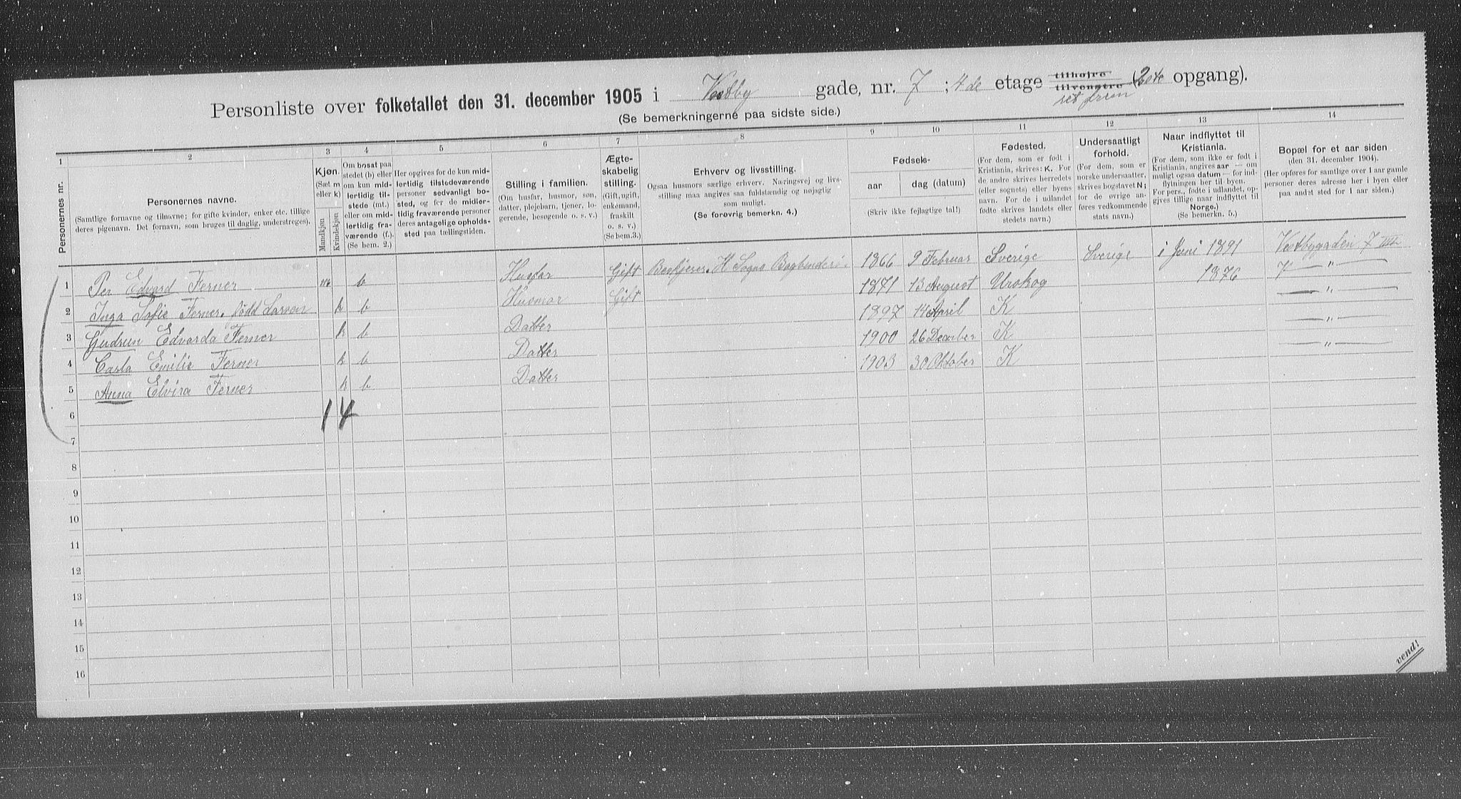 OBA, Municipal Census 1905 for Kristiania, 1905, p. 64342