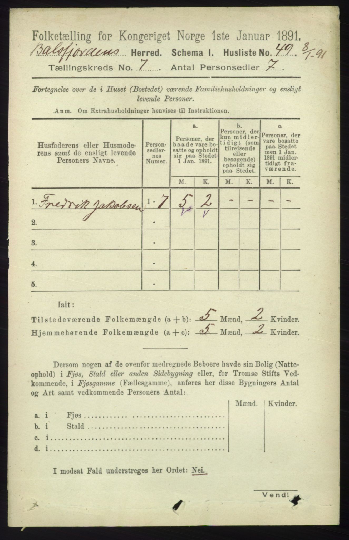 RA, 1891 census for 1933 Balsfjord, 1891, p. 2021