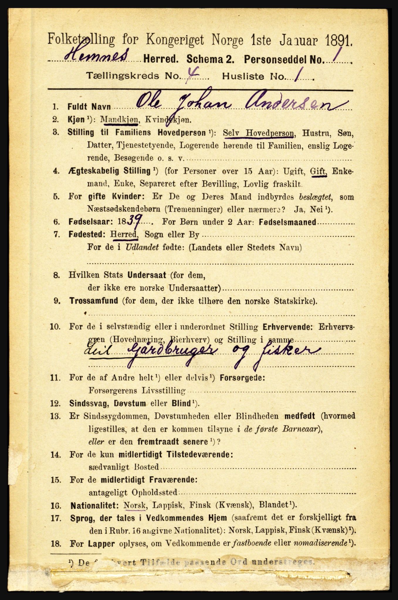 RA, 1891 census for 1832 Hemnes, 1891, p. 2243