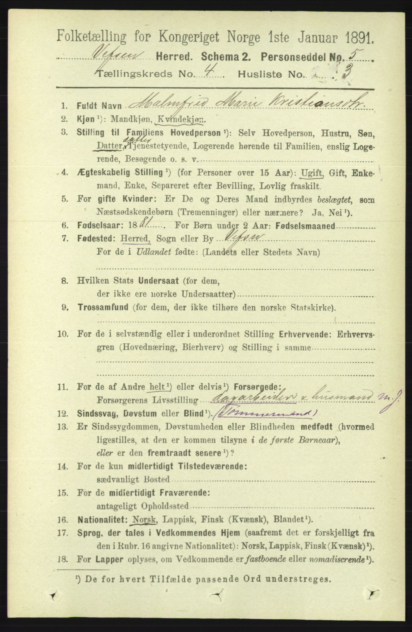 RA, 1891 census for 1824 Vefsn, 1891, p. 1642