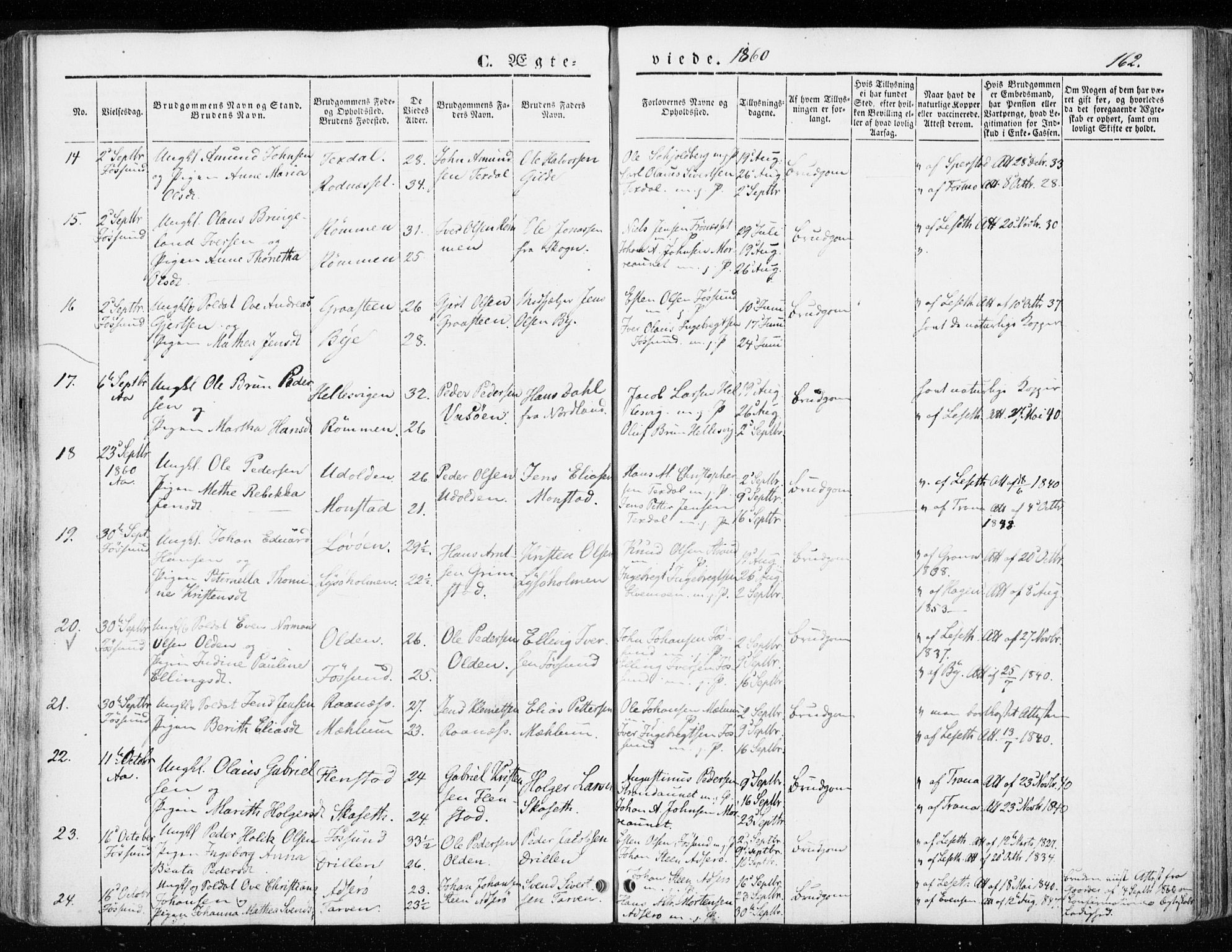 Ministerialprotokoller, klokkerbøker og fødselsregistre - Sør-Trøndelag, SAT/A-1456/655/L0677: Parish register (official) no. 655A06, 1847-1860, p. 162