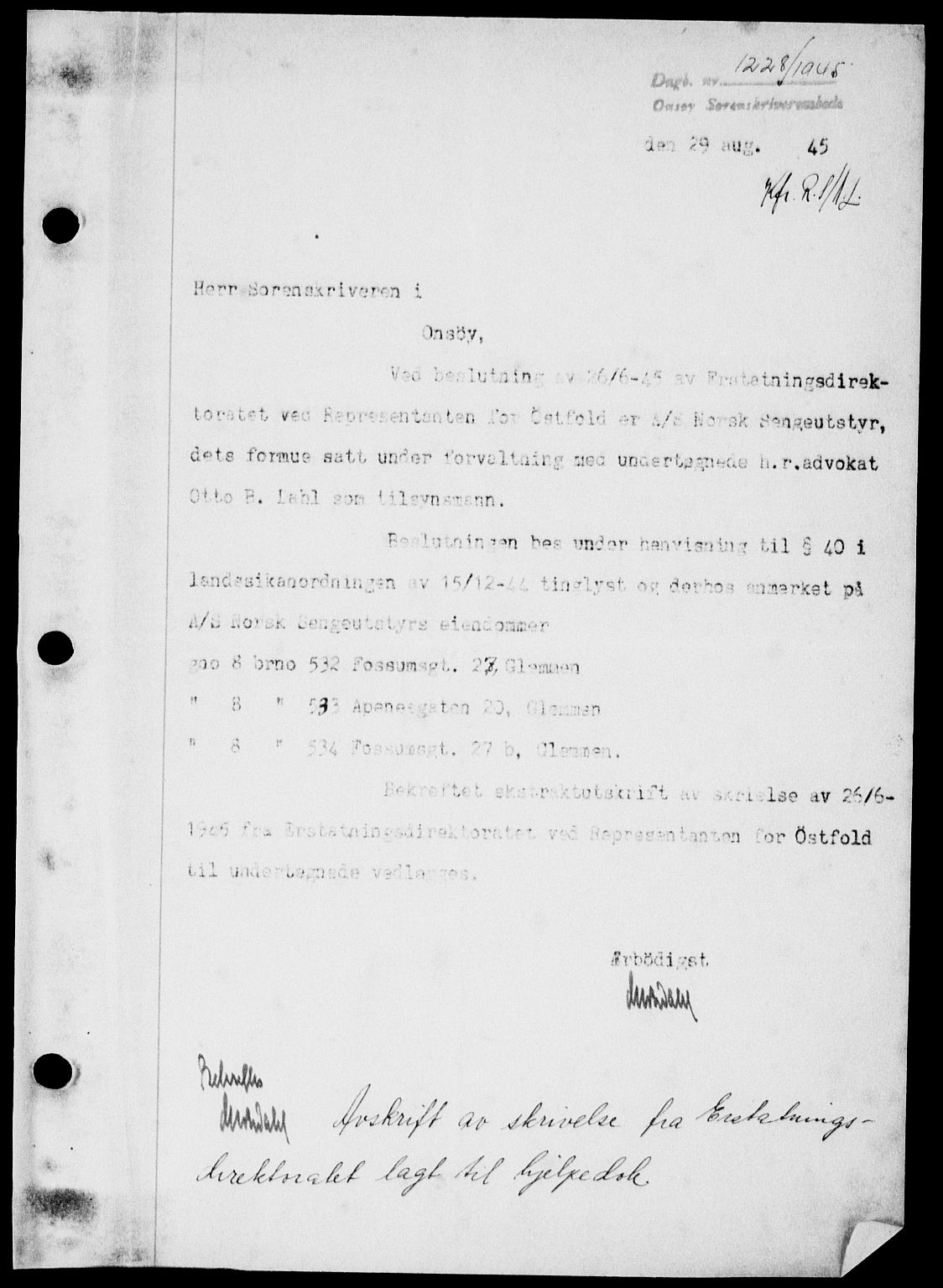Onsøy sorenskriveri, SAO/A-10474/G/Ga/Gab/L0015: Mortgage book no. II A-15, 1945-1946, Diary no: : 1228/1945