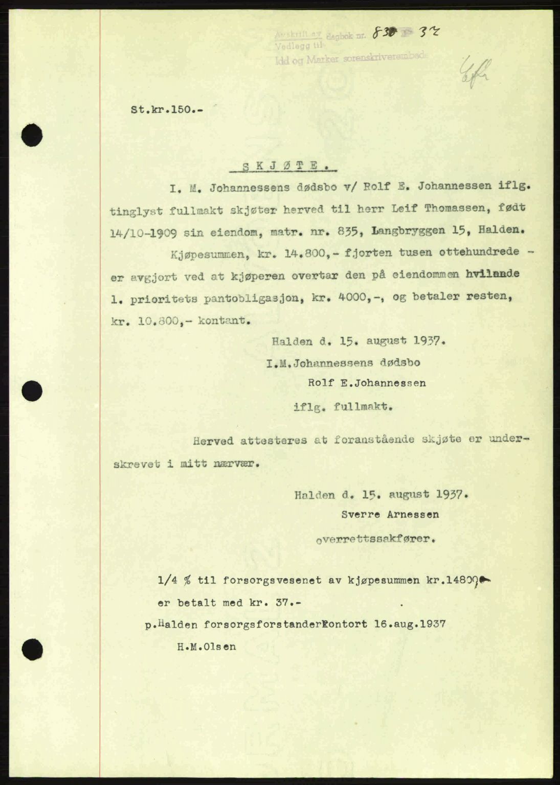 Idd og Marker sorenskriveri, AV/SAO-A-10283/G/Gb/Gbb/L0002: Mortgage book no. A2, 1937-1938, Diary no: : 830/1937