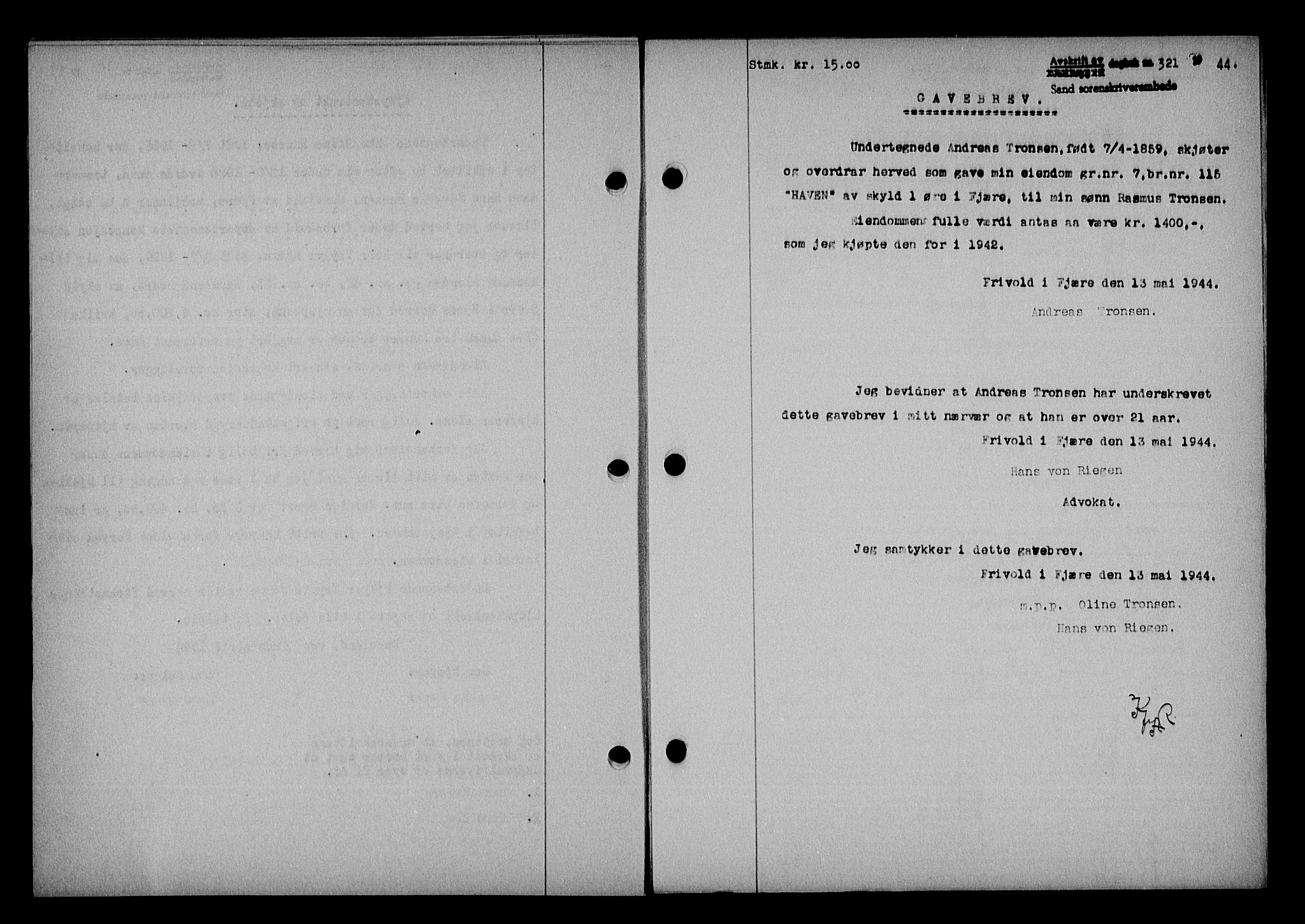 Vestre Nedenes/Sand sorenskriveri, SAK/1221-0010/G/Gb/Gba/L0053: Mortgage book no. A 6, 1944-1945, Diary no: : 321/1944