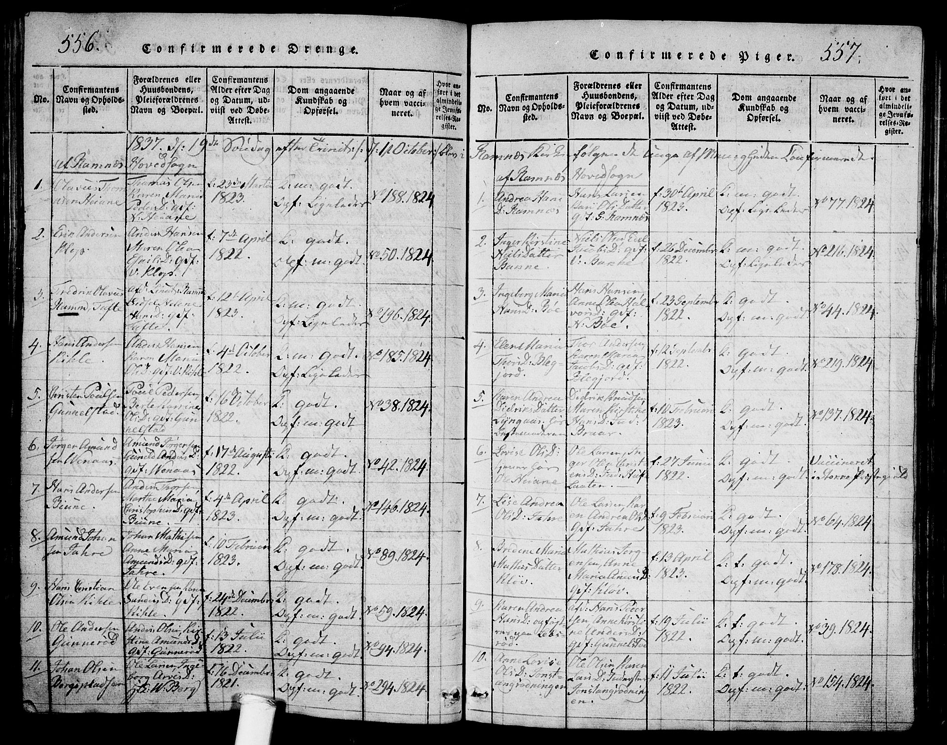 Ramnes kirkebøker, AV/SAKO-A-314/G/Ga/L0001: Parish register (copy) no. I 1, 1813-1847, p. 556-557