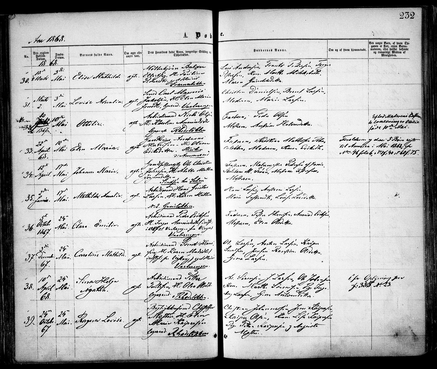 Østre Aker prestekontor Kirkebøker, SAO/A-10840/F/Fa/L0001: Parish register (official) no. I 1, 1861-1869, p. 232