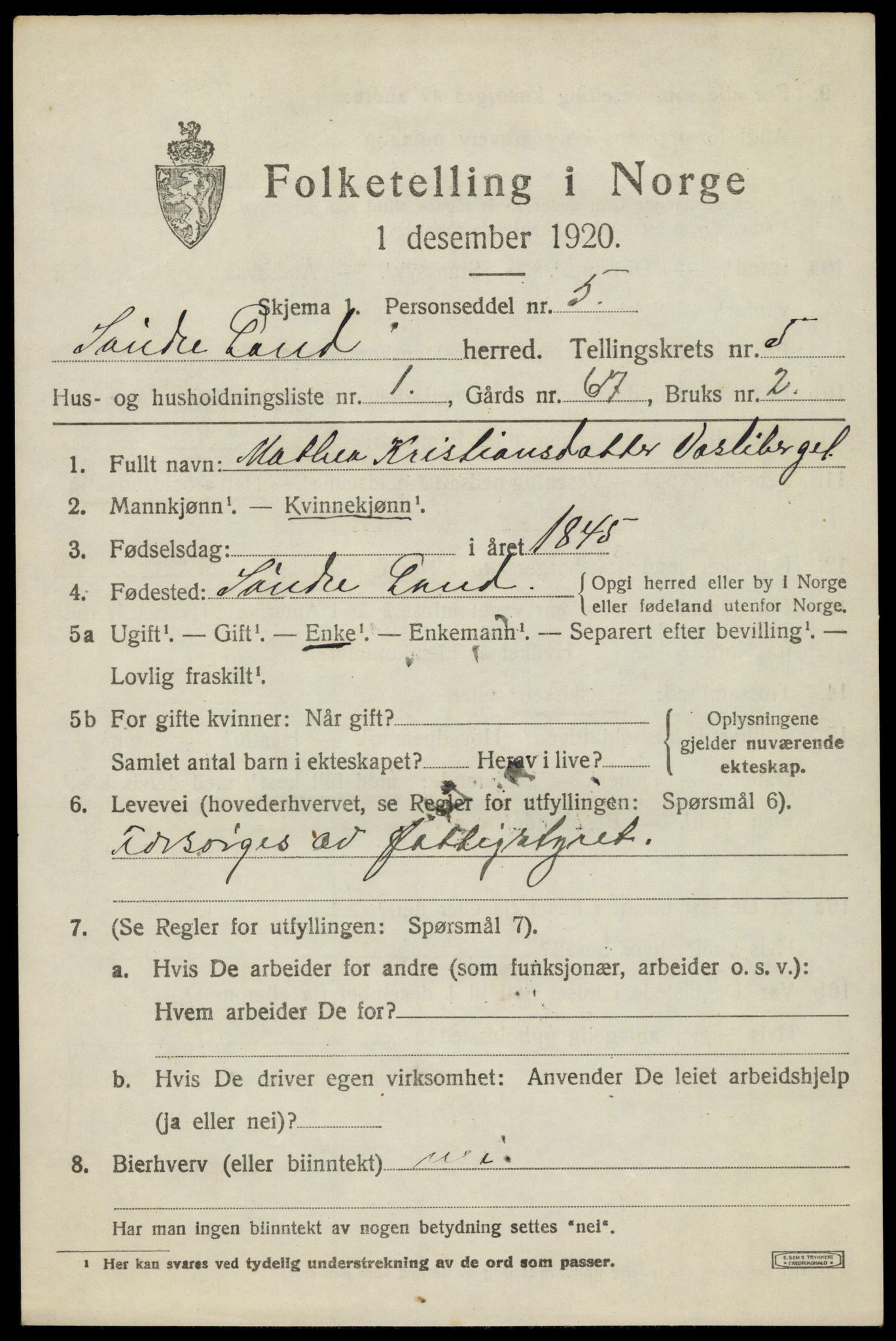 SAH, 1920 census for Søndre Land, 1920, p. 5005