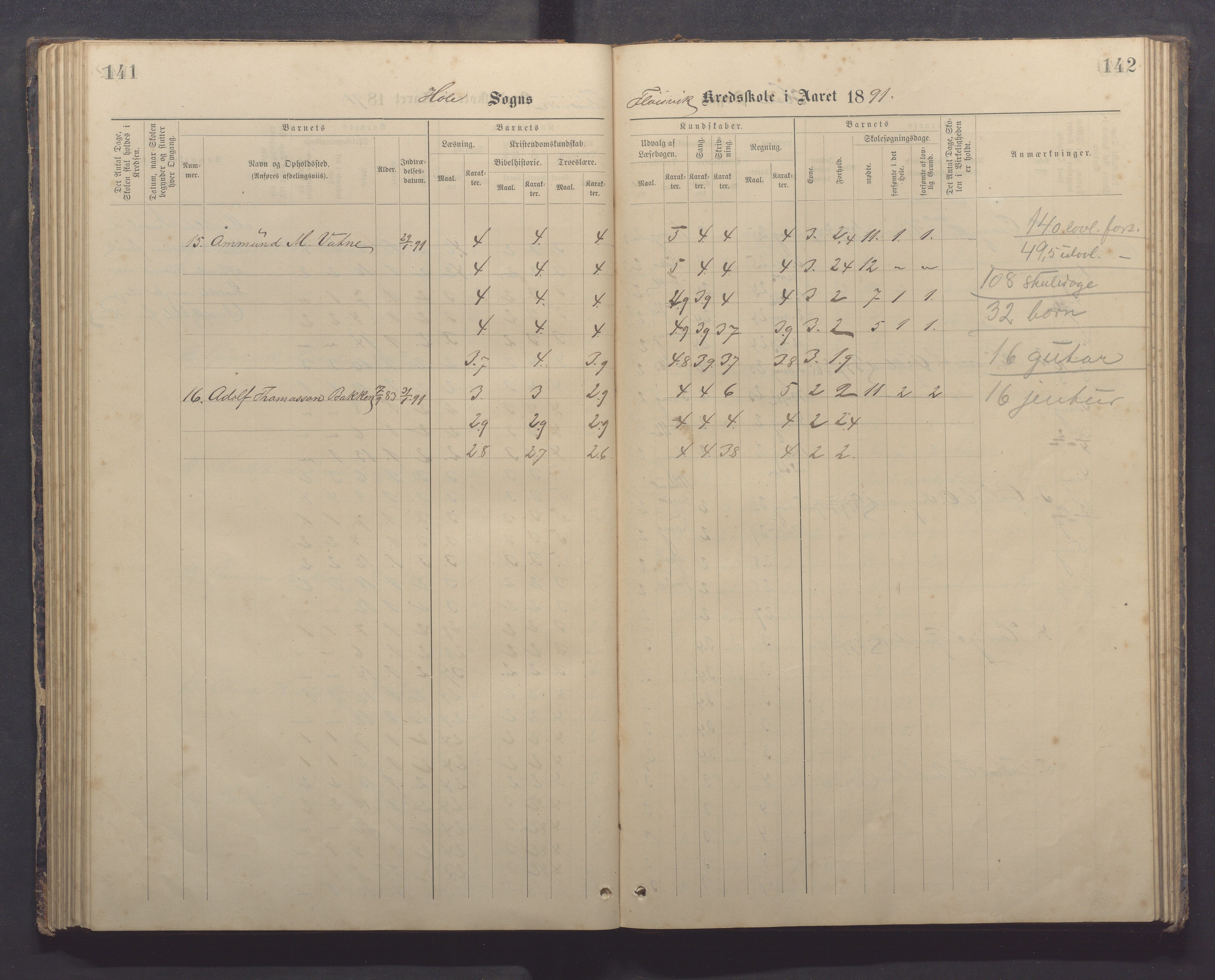 Høle kommune - Tengesdal skole, IKAR/K-100033/F/L0001: Skoleprotokoll, 1884-1893, p. 141-142