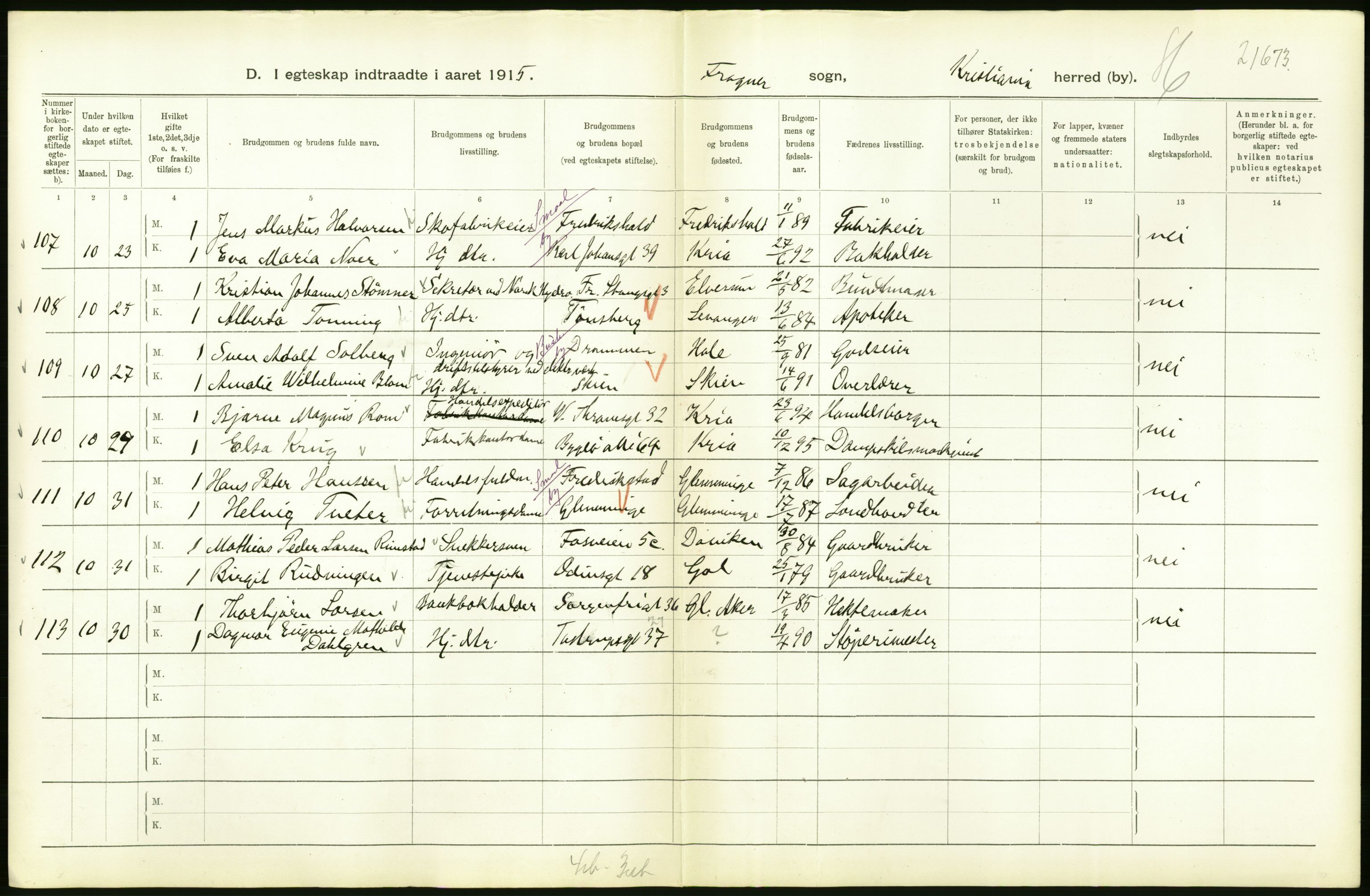 Statistisk sentralbyrå, Sosiodemografiske emner, Befolkning, AV/RA-S-2228/D/Df/Dfb/Dfbe/L0008: Kristiania: Gifte., 1915, p. 260