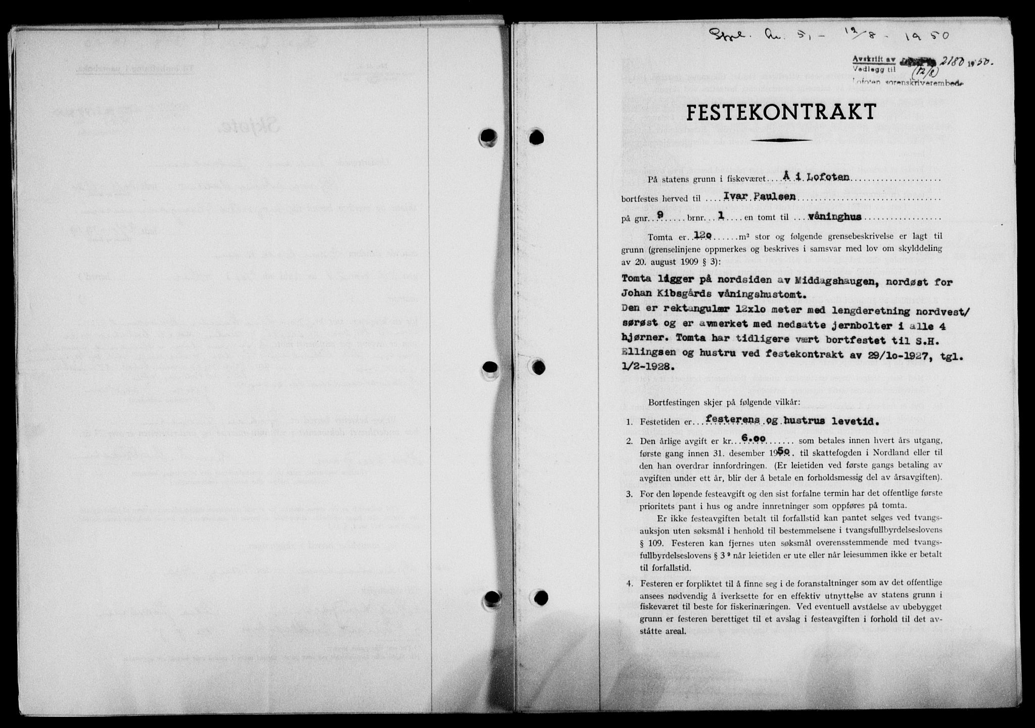 Lofoten sorenskriveri, SAT/A-0017/1/2/2C/L0024a: Mortgage book no. 24a, 1950-1950, Diary no: : 2180/1950