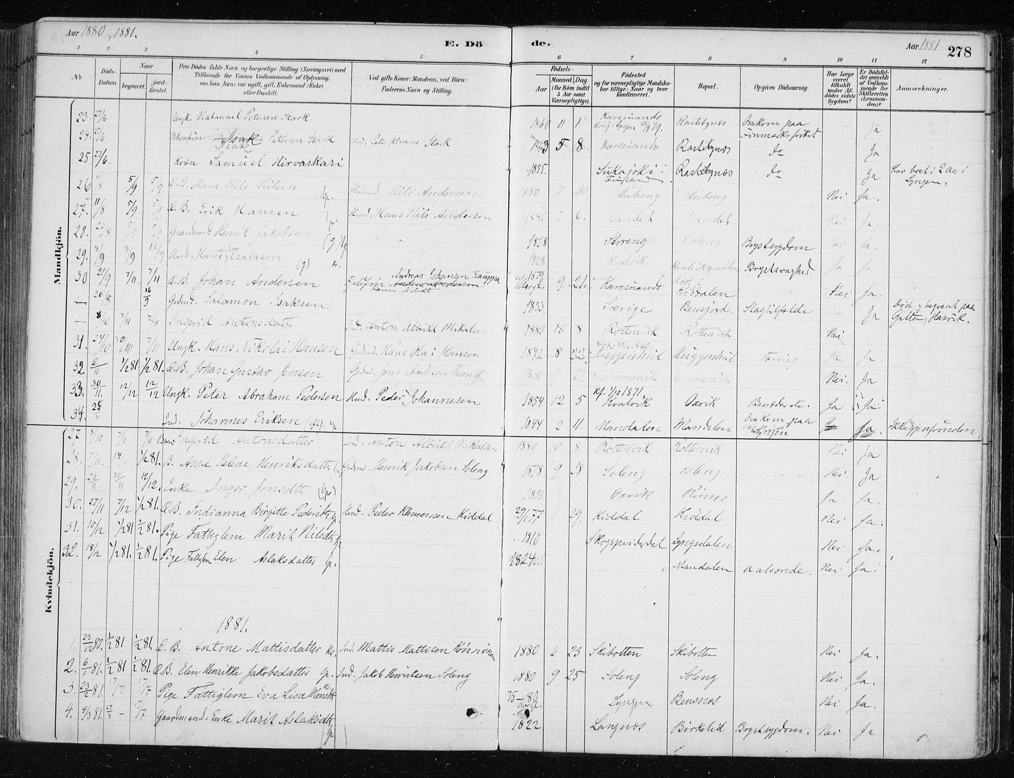 Lyngen sokneprestembete, AV/SATØ-S-1289/H/He/Hea/L0007kirke: Parish register (official) no. 7, 1879-1890, p. 278