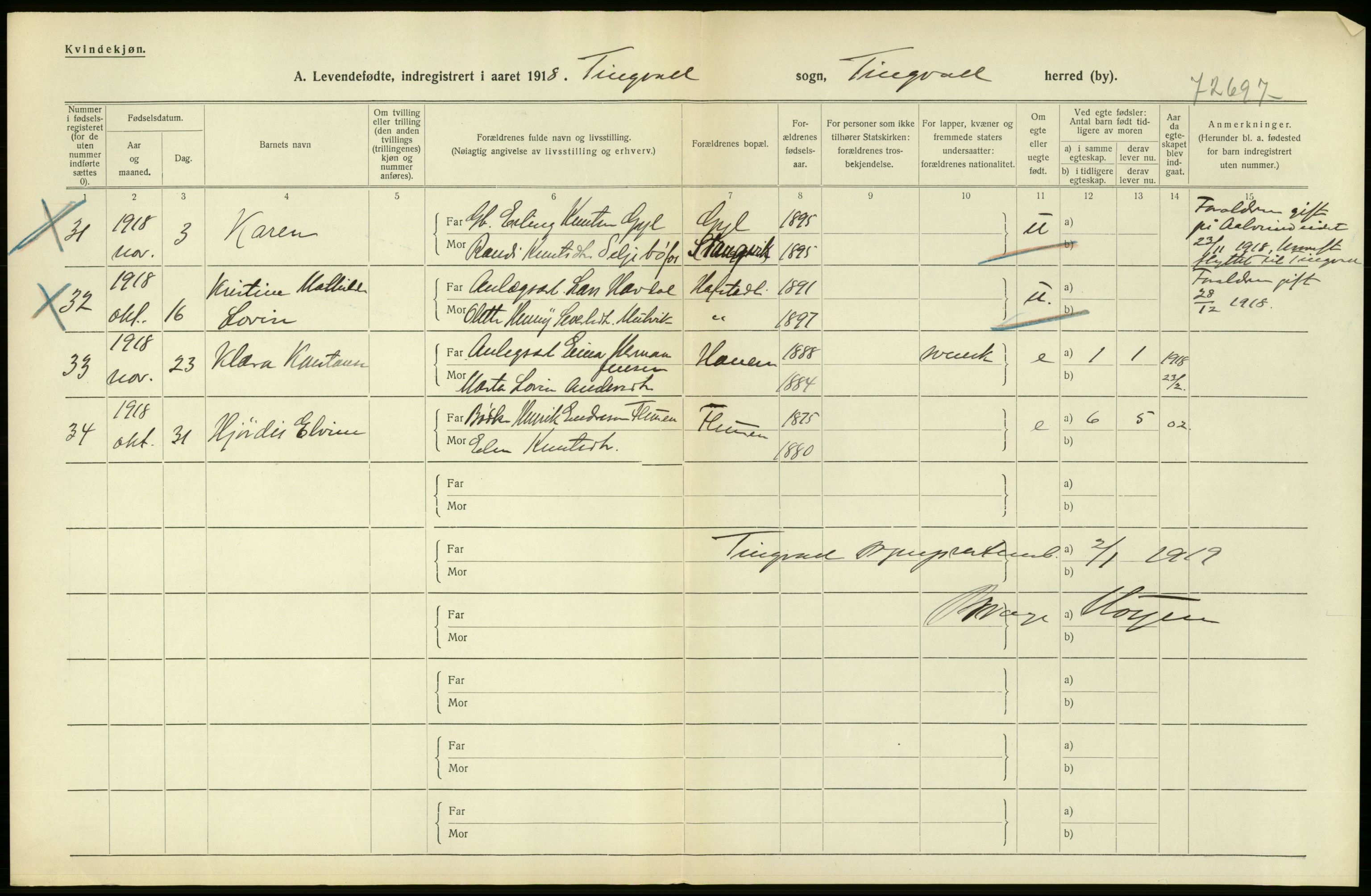 Statistisk sentralbyrå, Sosiodemografiske emner, Befolkning, RA/S-2228/D/Df/Dfb/Dfbh/L0043: Møre fylke: Levendefødte menn og kvinner. Bygder., 1918, p. 506