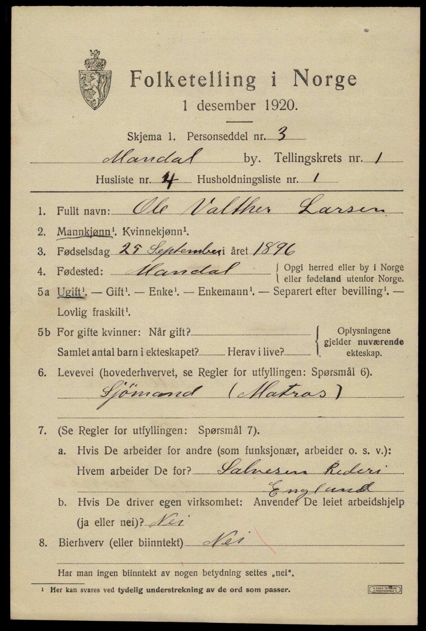 SAK, 1920 census for Mandal, 1920, p. 3283