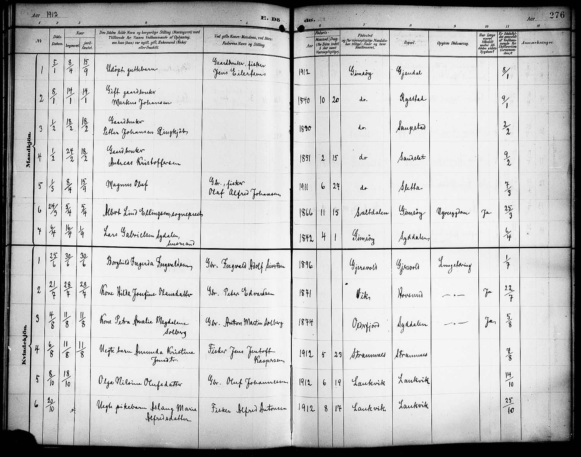 Ministerialprotokoller, klokkerbøker og fødselsregistre - Nordland, AV/SAT-A-1459/876/L1105: Parish register (copy) no. 876C04, 1896-1914, p. 276