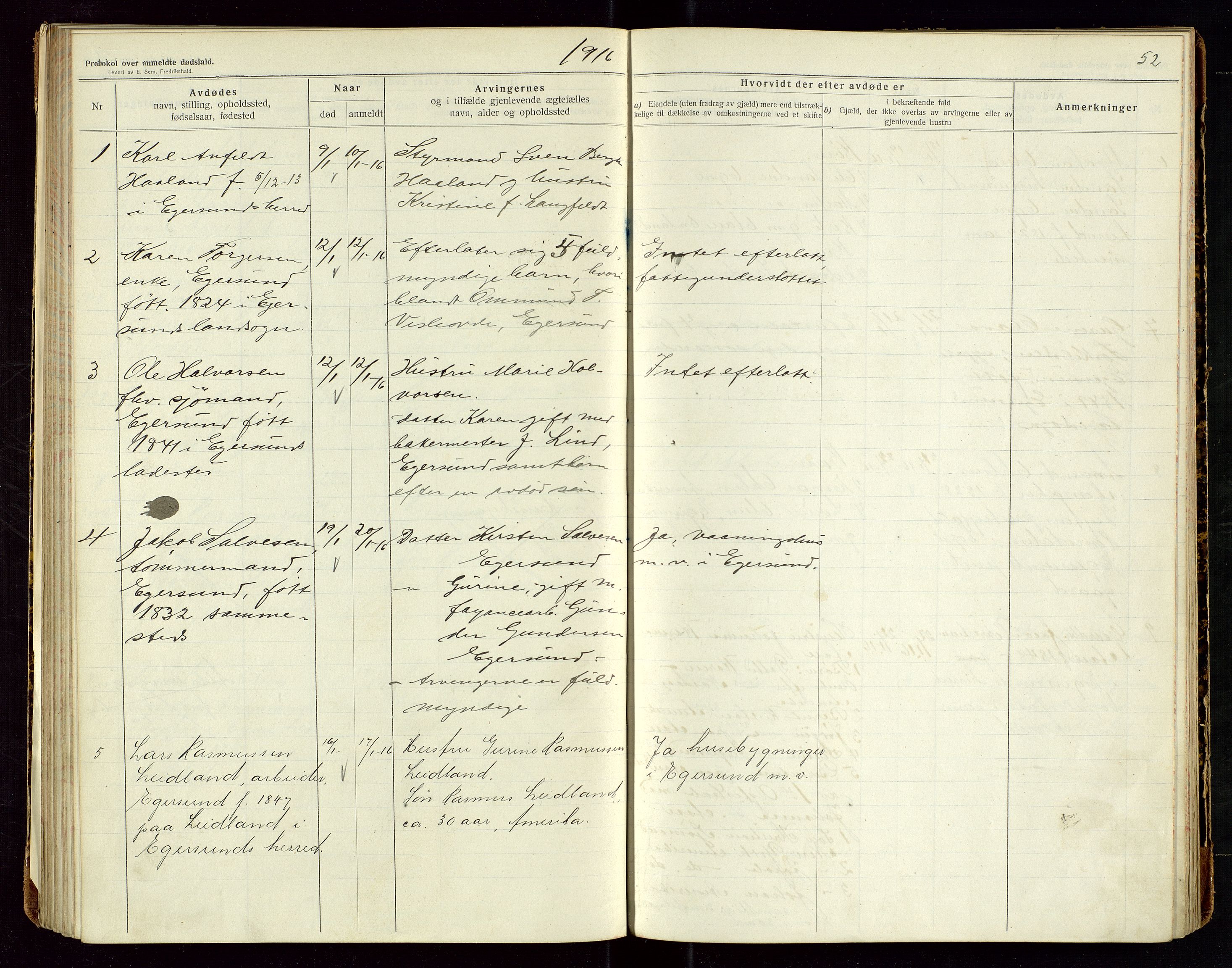 Eigersund lensmannskontor, SAST/A-100171/Gga/L0006: "Protokol over anmeldte dødsfald" m/alfabetisk navneregister, 1914-1917, p. 52
