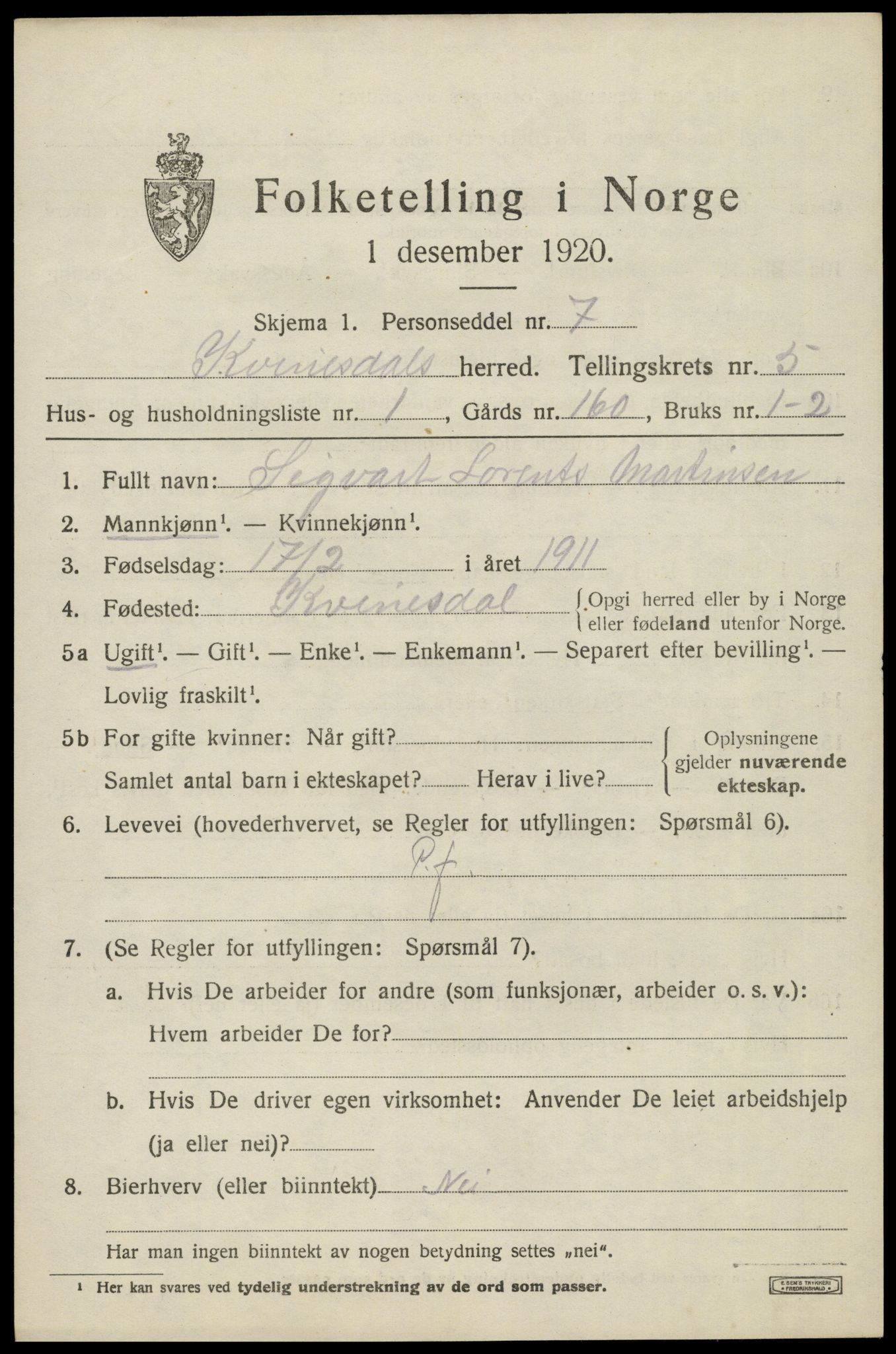 SAK, 1920 census for Kvinesdal, 1920, p. 5715