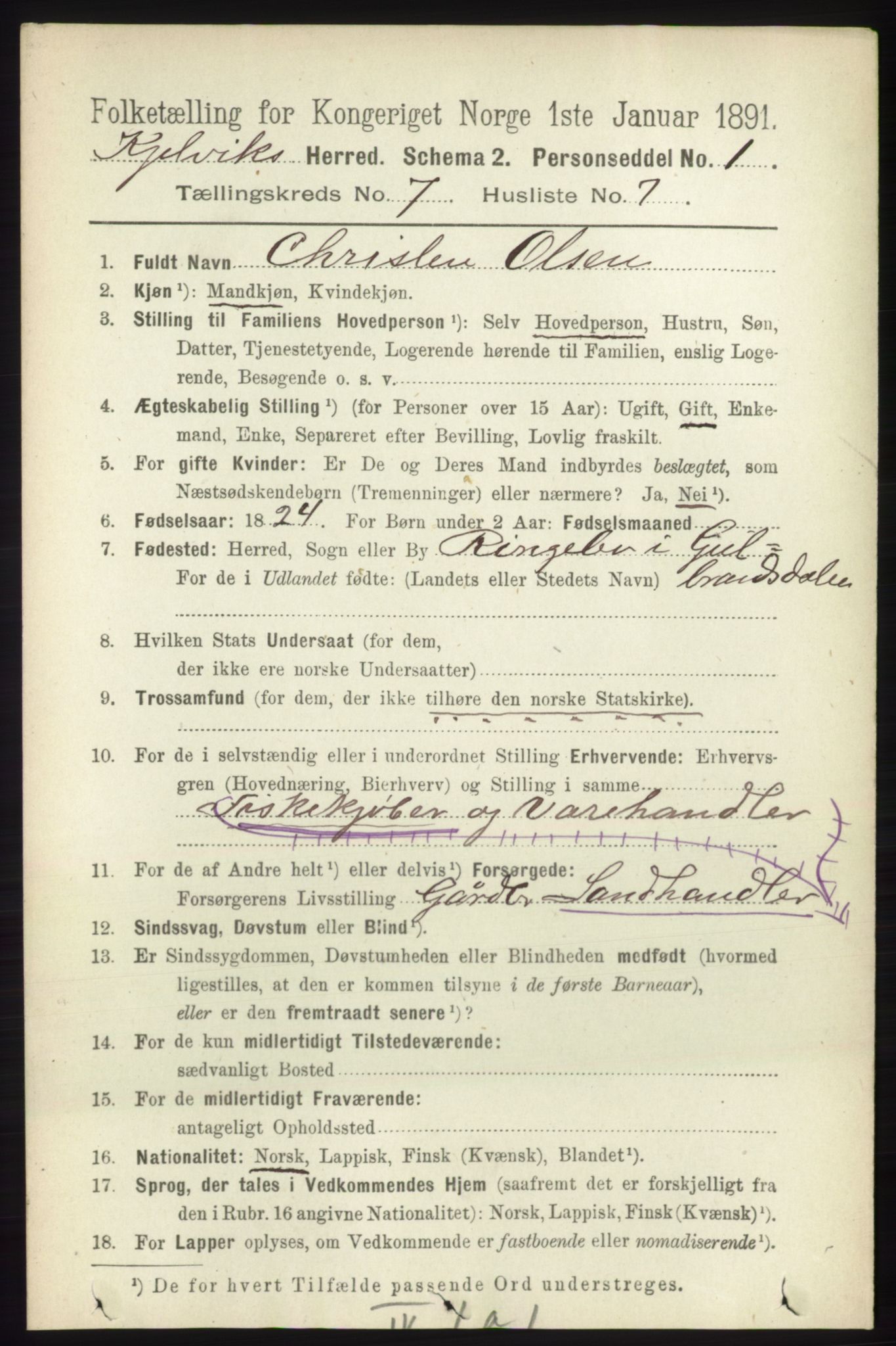 RA, 1891 census for 2019 Kjelvik, 1891, p. 925
