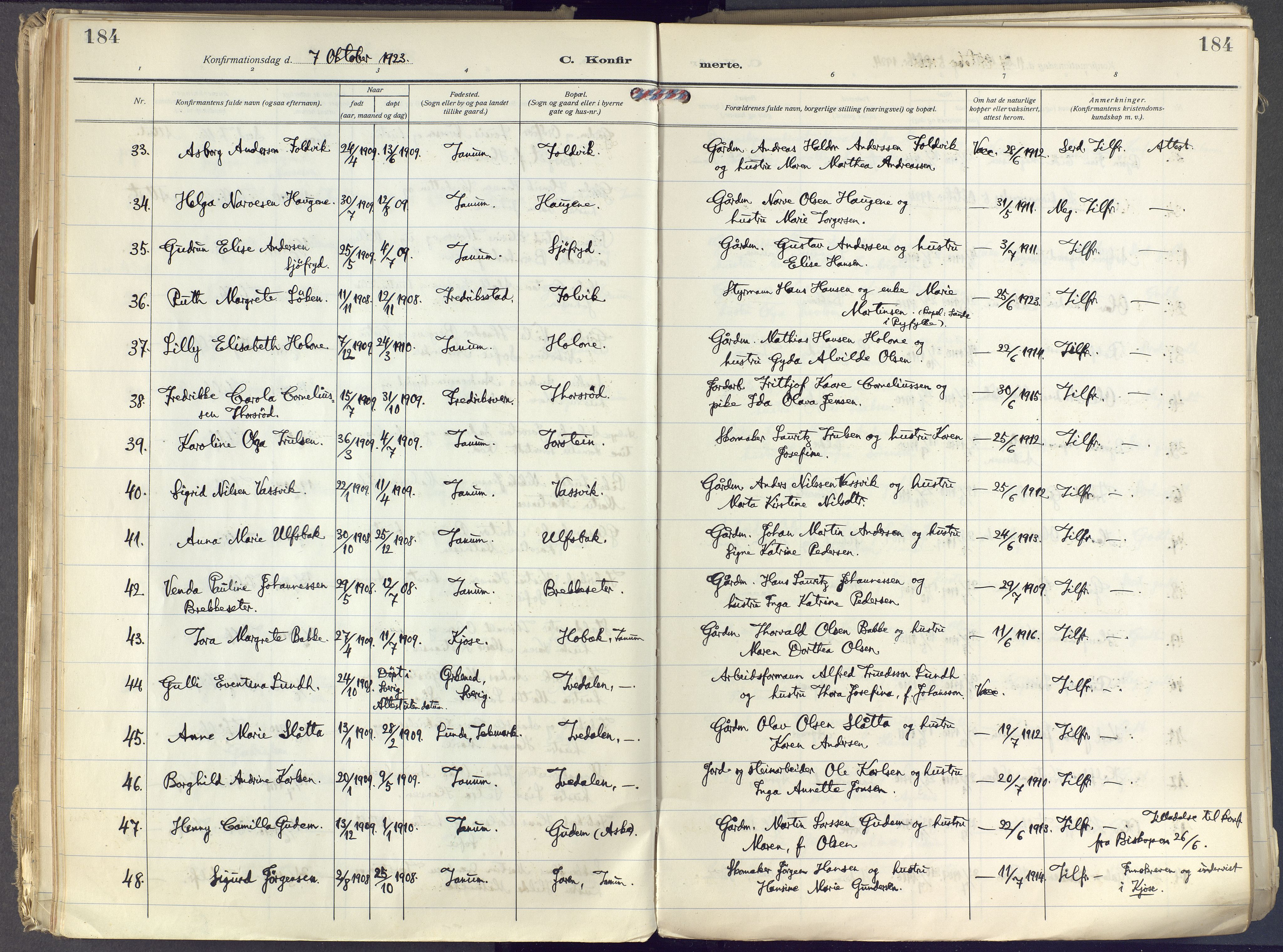 Brunlanes kirkebøker, AV/SAKO-A-342/F/Fc/L0004: Parish register (official) no. III 4, 1923-1943, p. 184