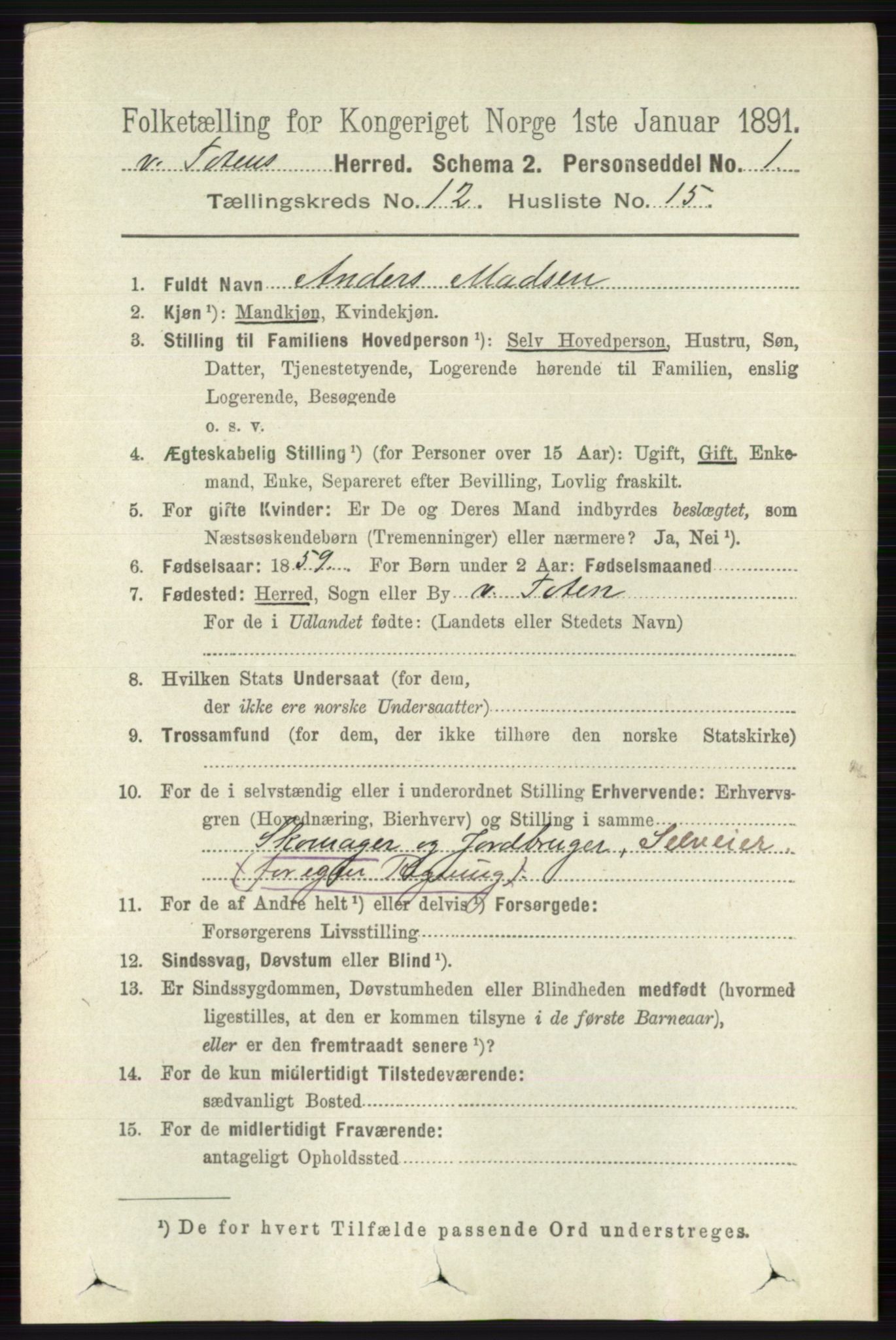 RA, 1891 census for 0529 Vestre Toten, 1891, p. 7366