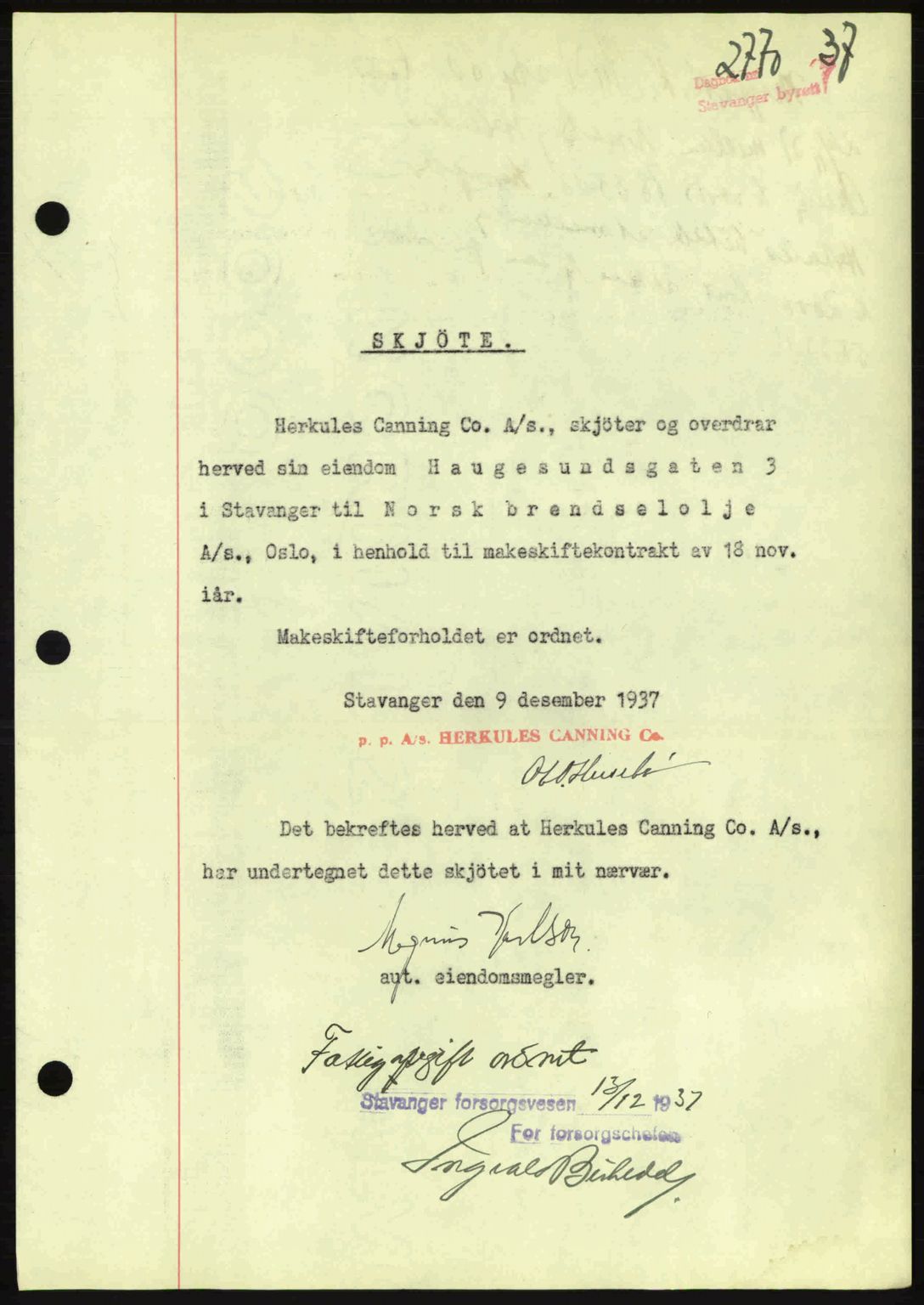 Stavanger byrett, SAST/A-100455/002/G/Gb/L0013: Mortgage book no. A3, 1937-1938, Diary no: : 2770/1937