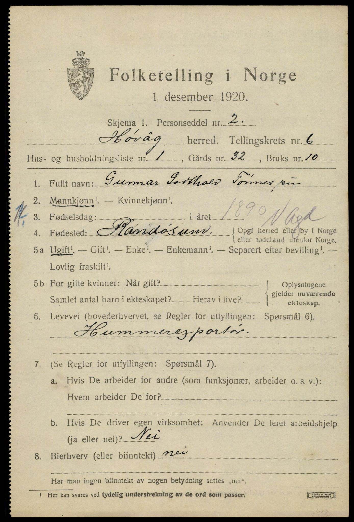 SAK, 1920 census for Høvåg, 1920, p. 3096