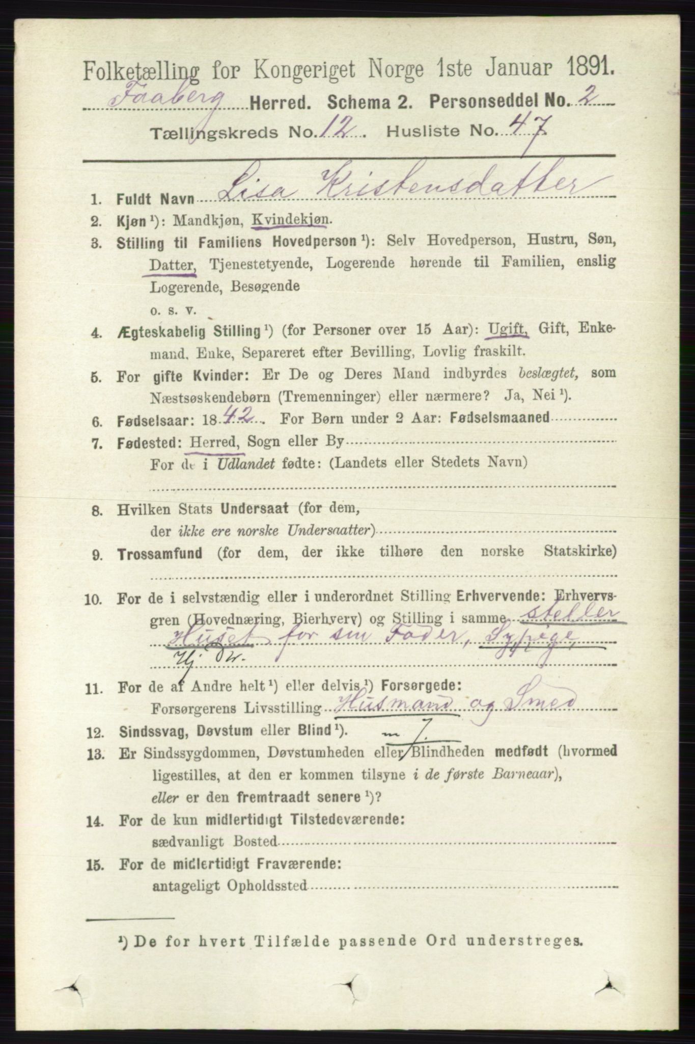 RA, 1891 census for 0524 Fåberg, 1891, p. 5009