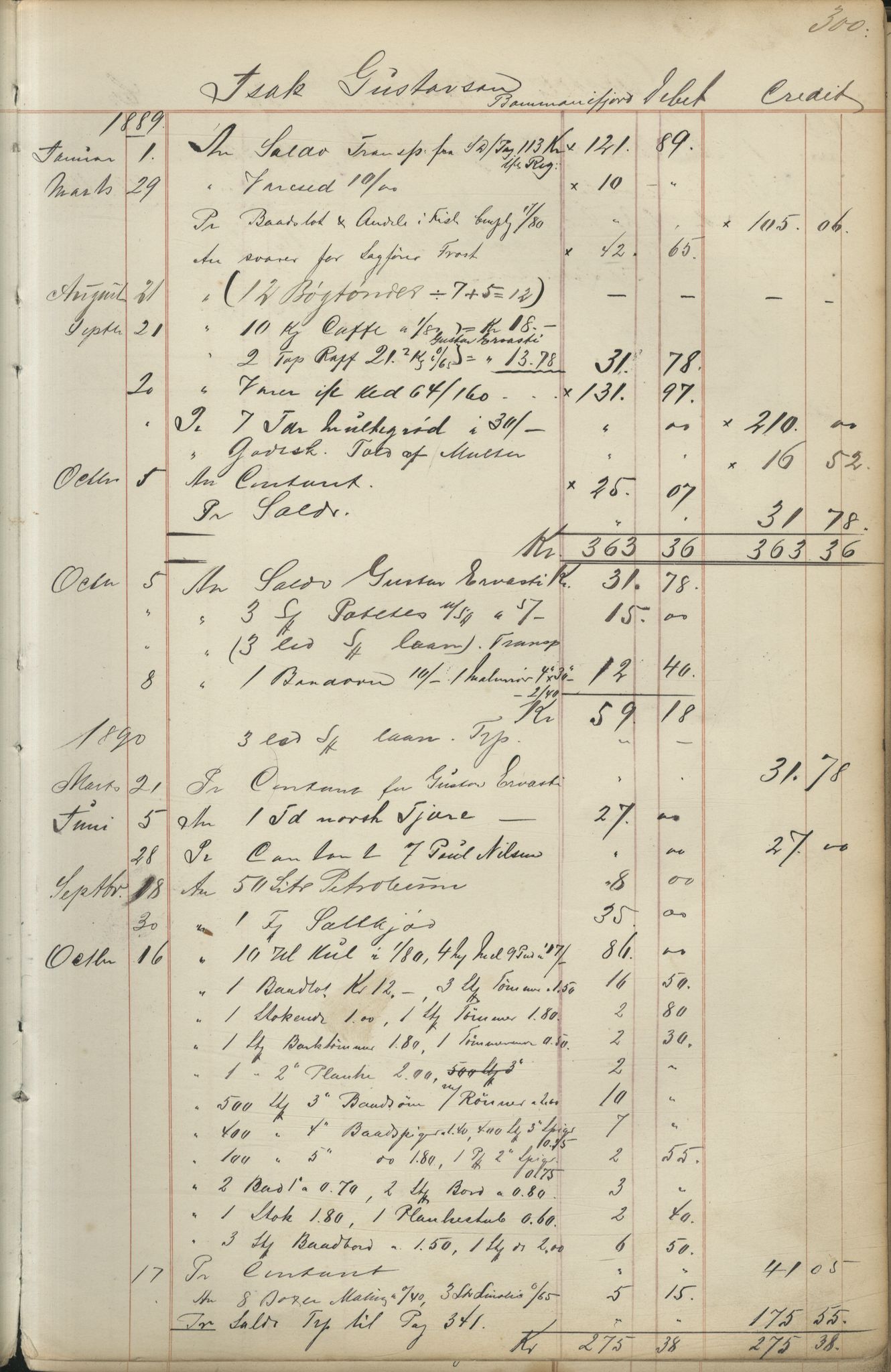 Brodtkorb handel A/S, VAMU/A-0001/F/Fc/L0001/0001: Konto for kvener og nordmenn på Kolahalvøya  / Conto for Kvæner og Nordmænd paa Russefinmarken No 1, 1868-1894, p. 300