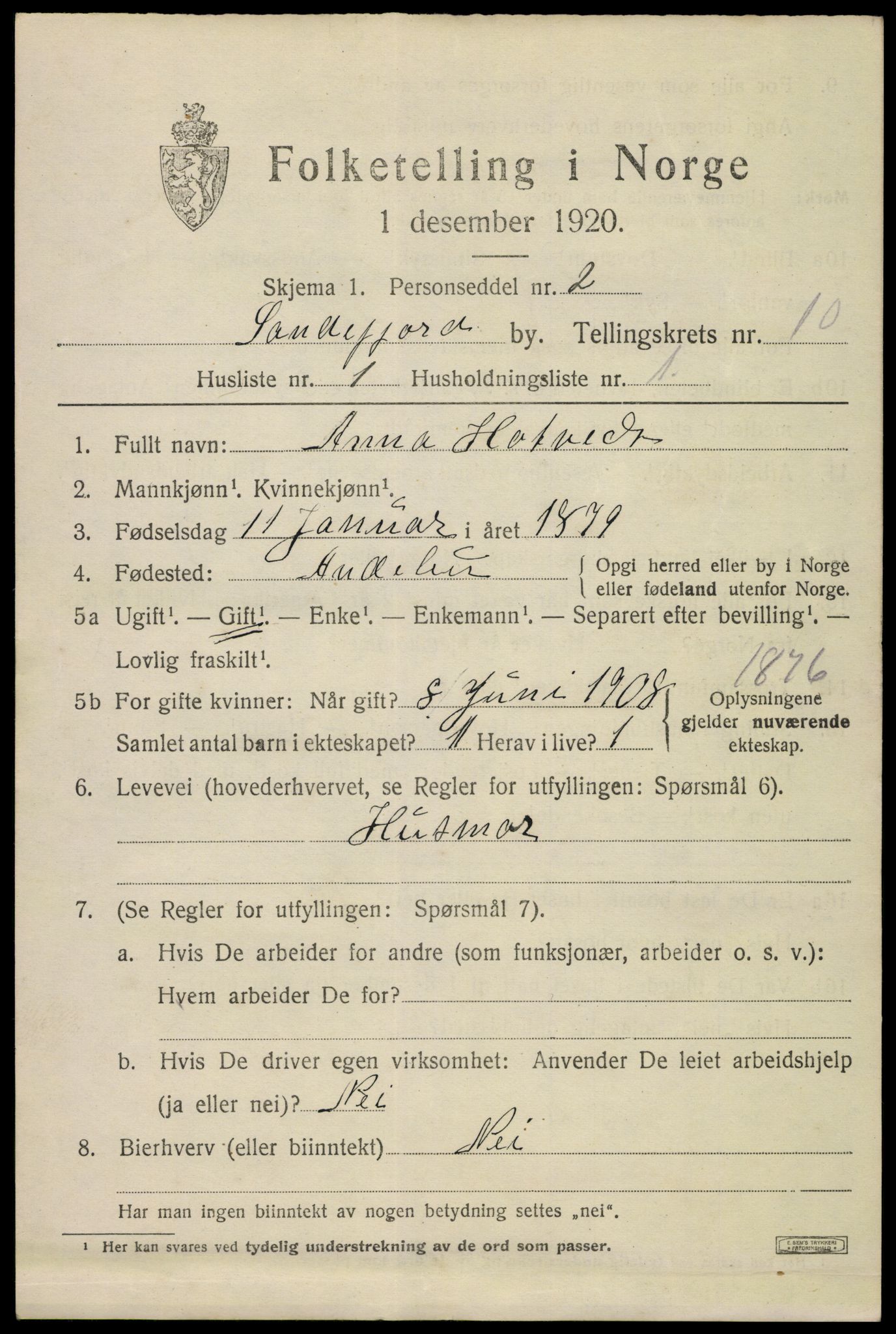 SAKO, 1920 census for Sandefjord, 1920, p. 14058