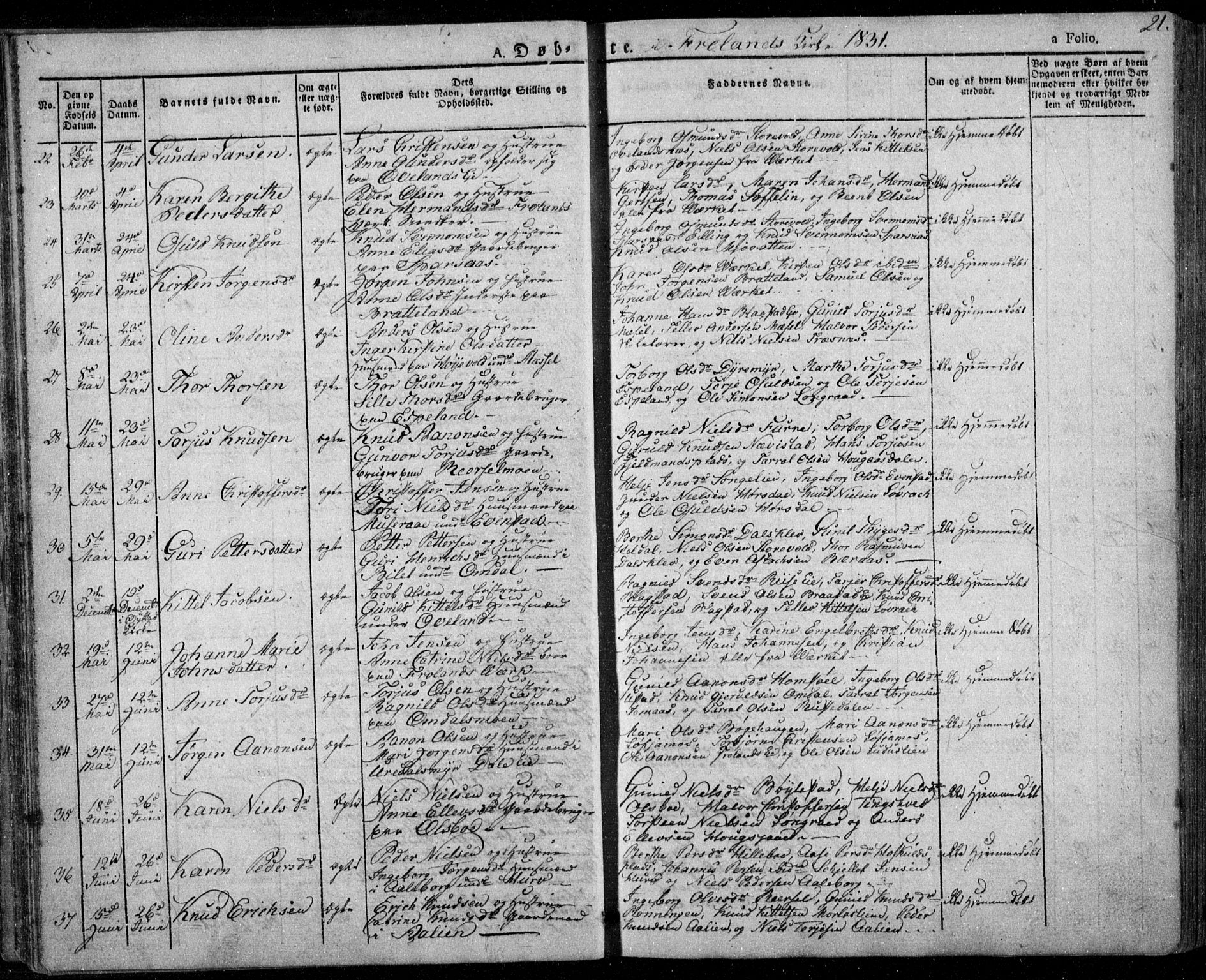 Froland sokneprestkontor, SAK/1111-0013/F/Fa/L0001: Parish register (official) no. A 1, 1827-1844, p. 21