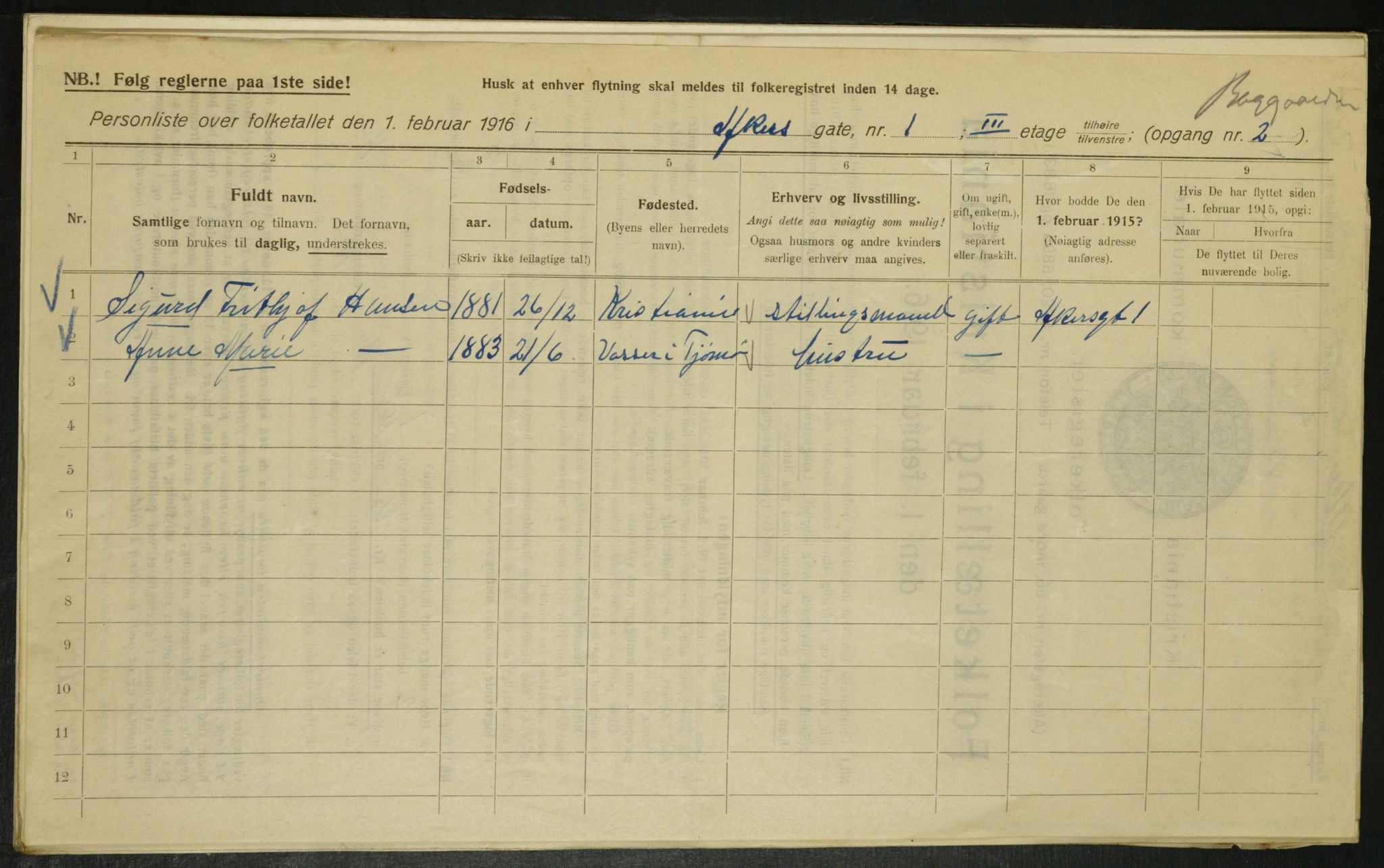 OBA, Municipal Census 1916 for Kristiania, 1916, p. 322