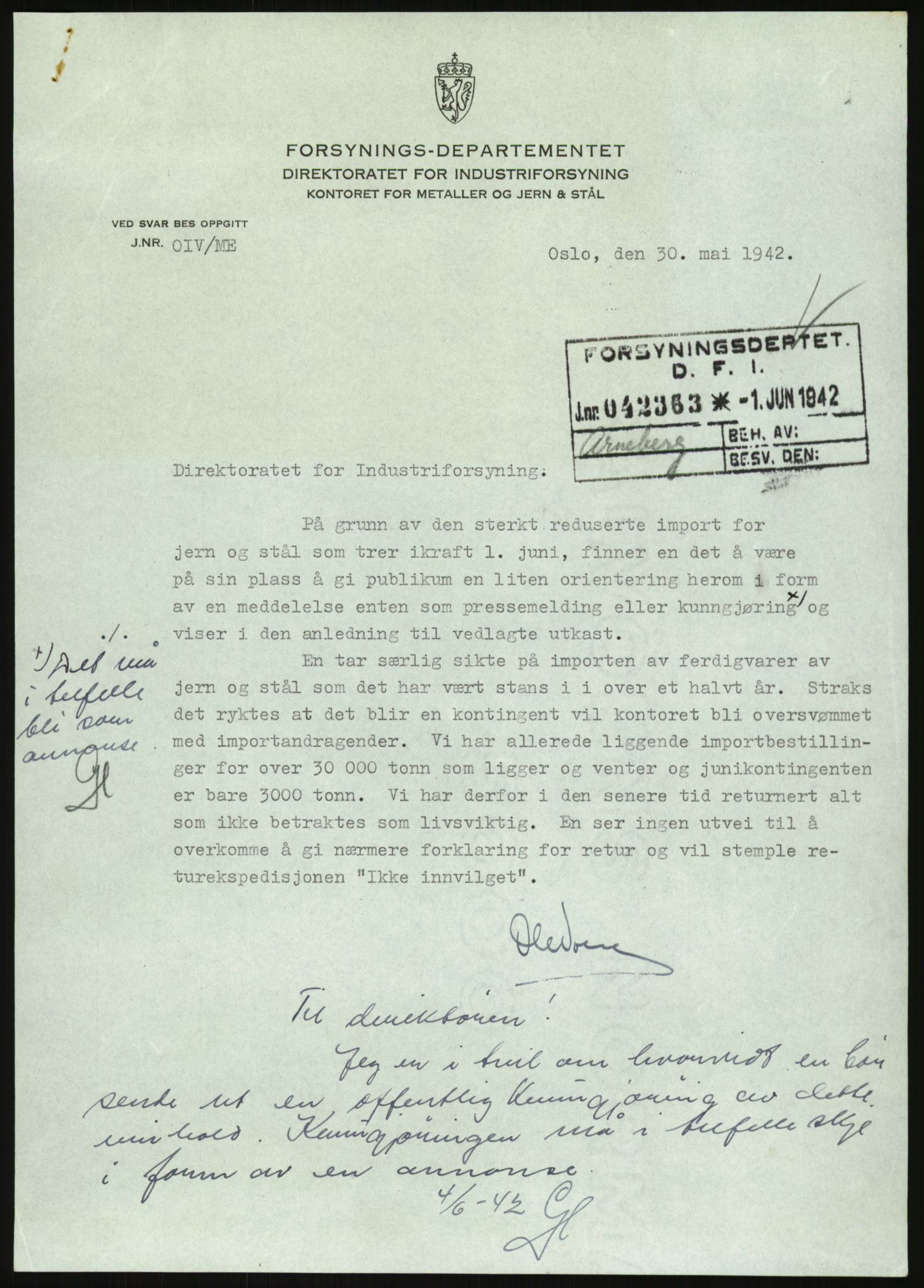 Direktoratet for industriforsyning, Sekretariatet, RA/S-4153/D/Df/L0054: 9. Metallkontoret, 1940-1945, p. 1707