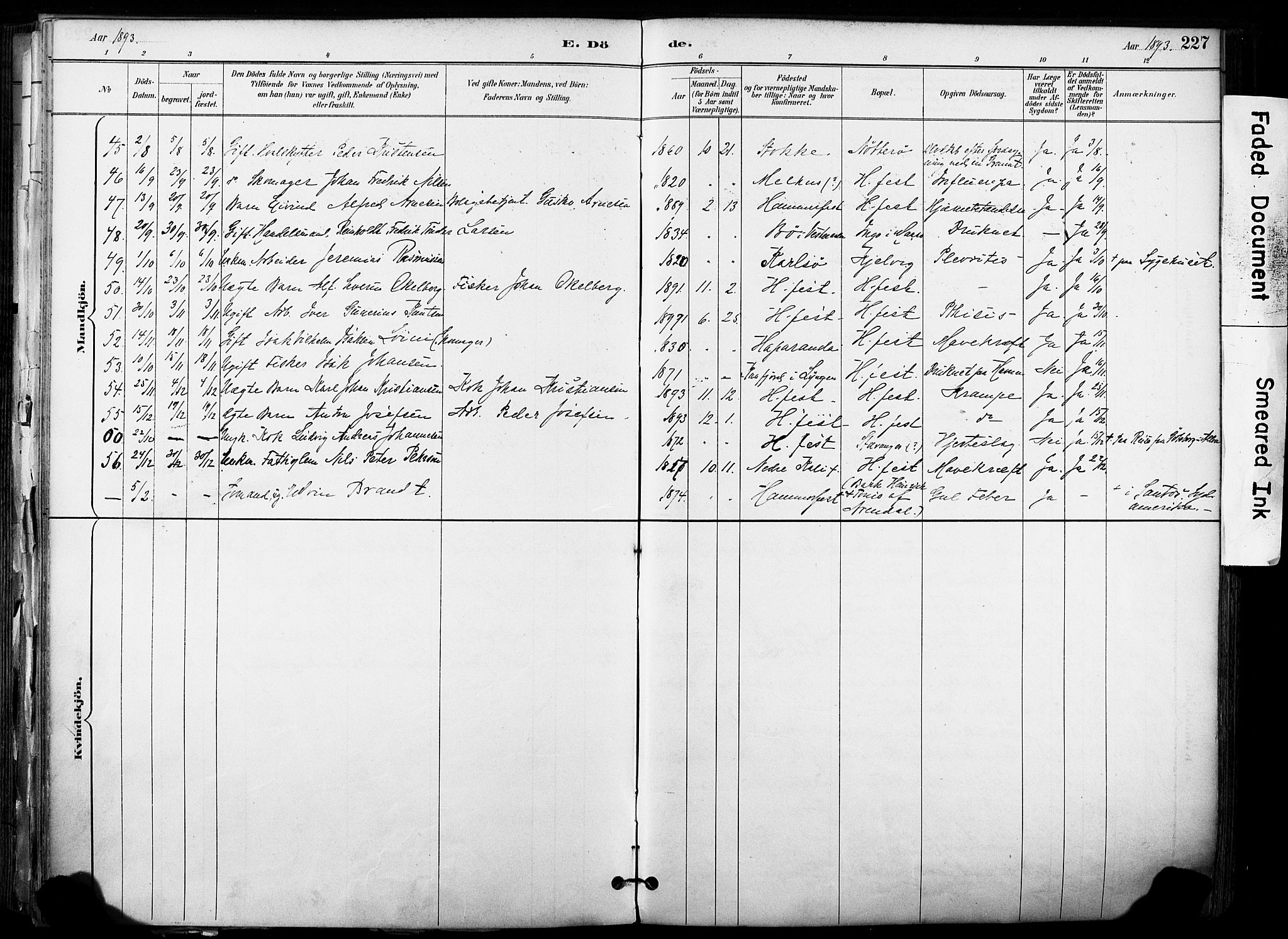 Hammerfest sokneprestkontor, AV/SATØ-S-1347/H/Ha/L0009.kirke: Parish register (official) no. 9, 1889-1897, p. 227