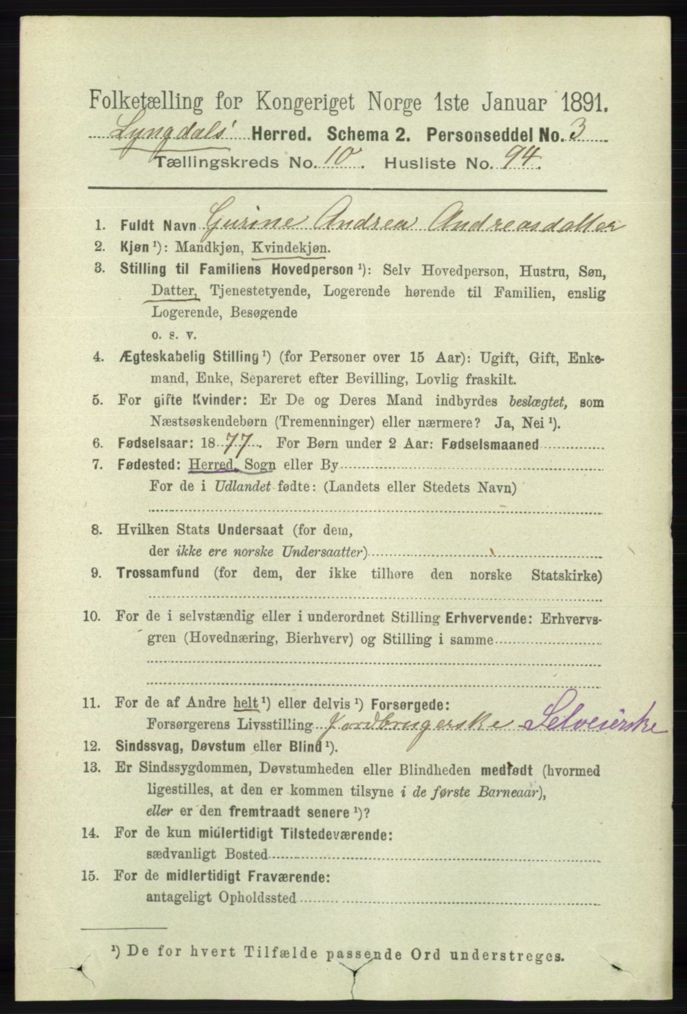 RA, 1891 census for 1032 Lyngdal, 1891, p. 4725