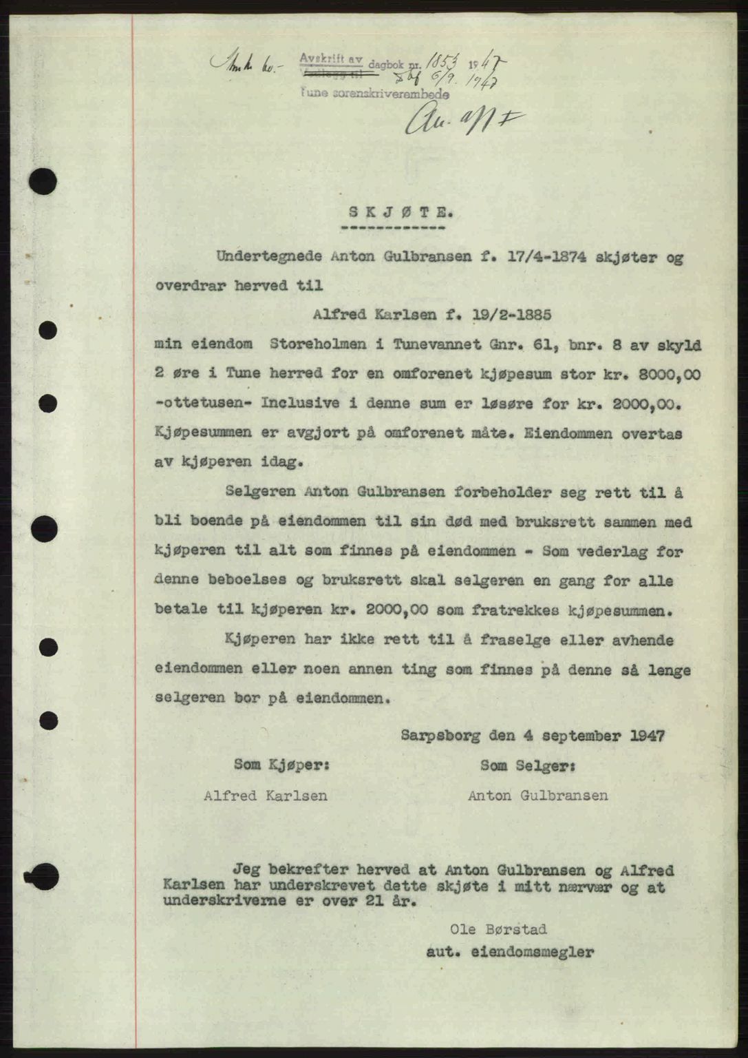 Tune sorenskriveri, AV/SAO-A-10470/G/Gb/Gbg/Gbgb/L0014: Mortgage book no. A14, 1947-1947, Diary no: : 1853/1947