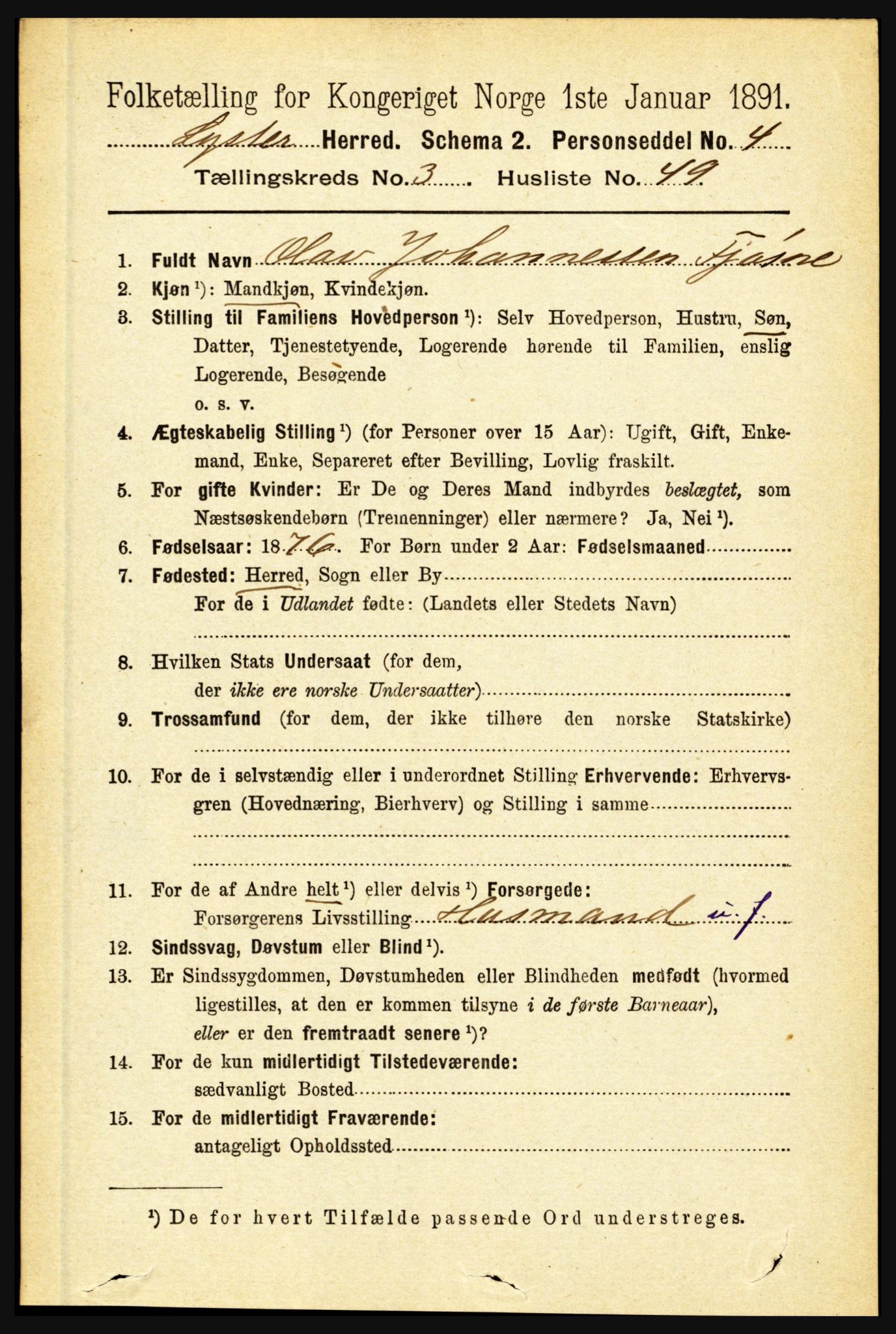 RA, 1891 census for 1426 Luster, 1891, p. 1401