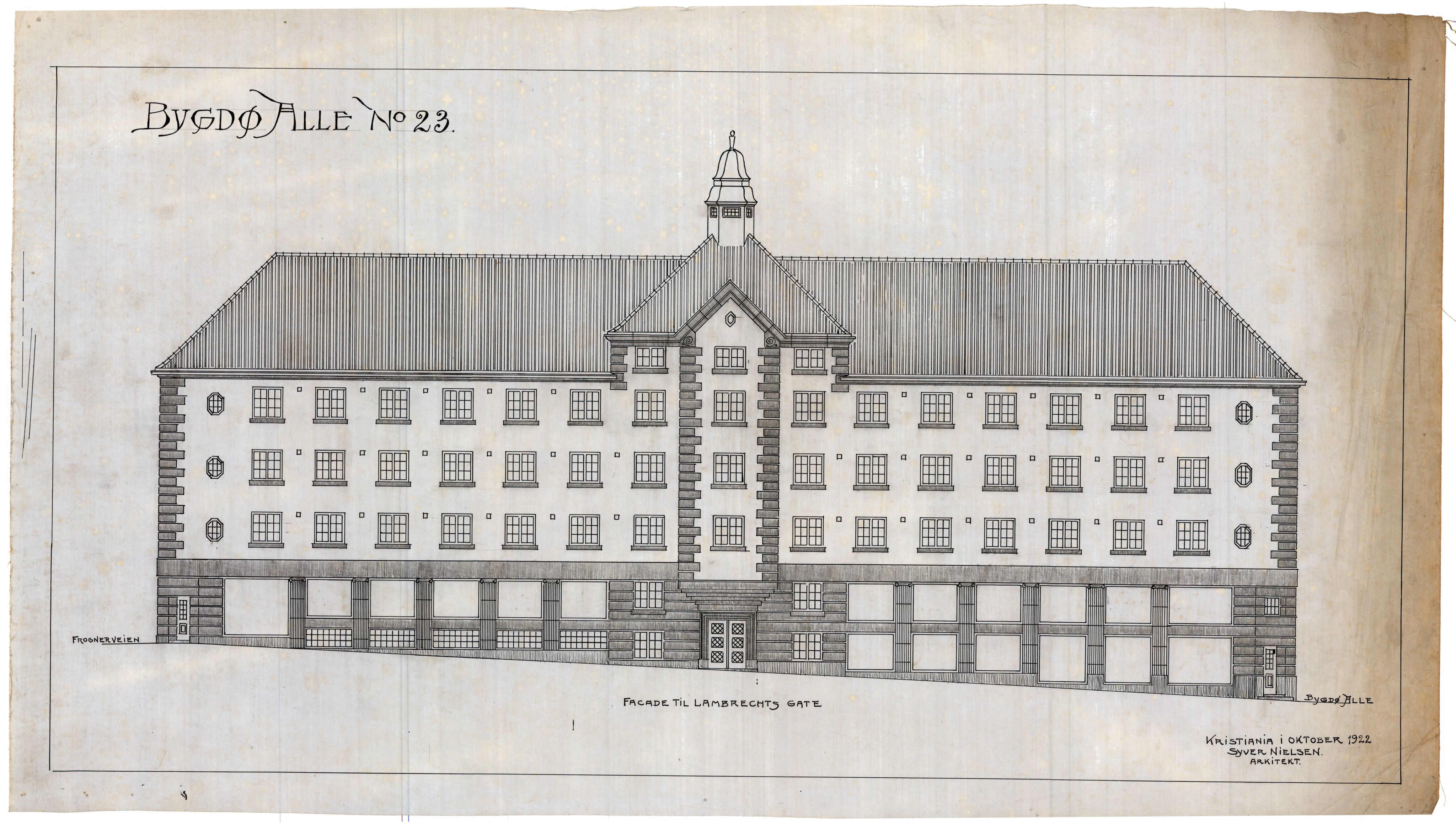 Syver Nielsen Arkitekt, OBA/A-70230/T/L0002/0002: Bygdøy allé 23, ikke gjennomført prosjekt for automobilhotell / Fasader, 1922, p. 1