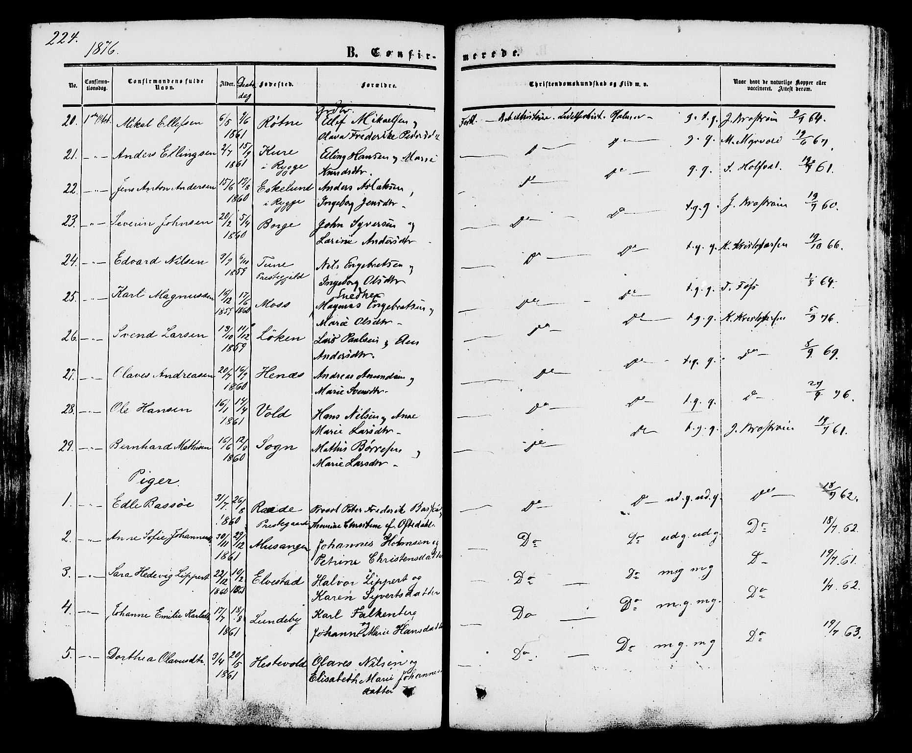 Råde prestekontor kirkebøker, AV/SAO-A-2009/F/Fa/L0006: Parish register (official) no. 6, 1854-1877, p. 224