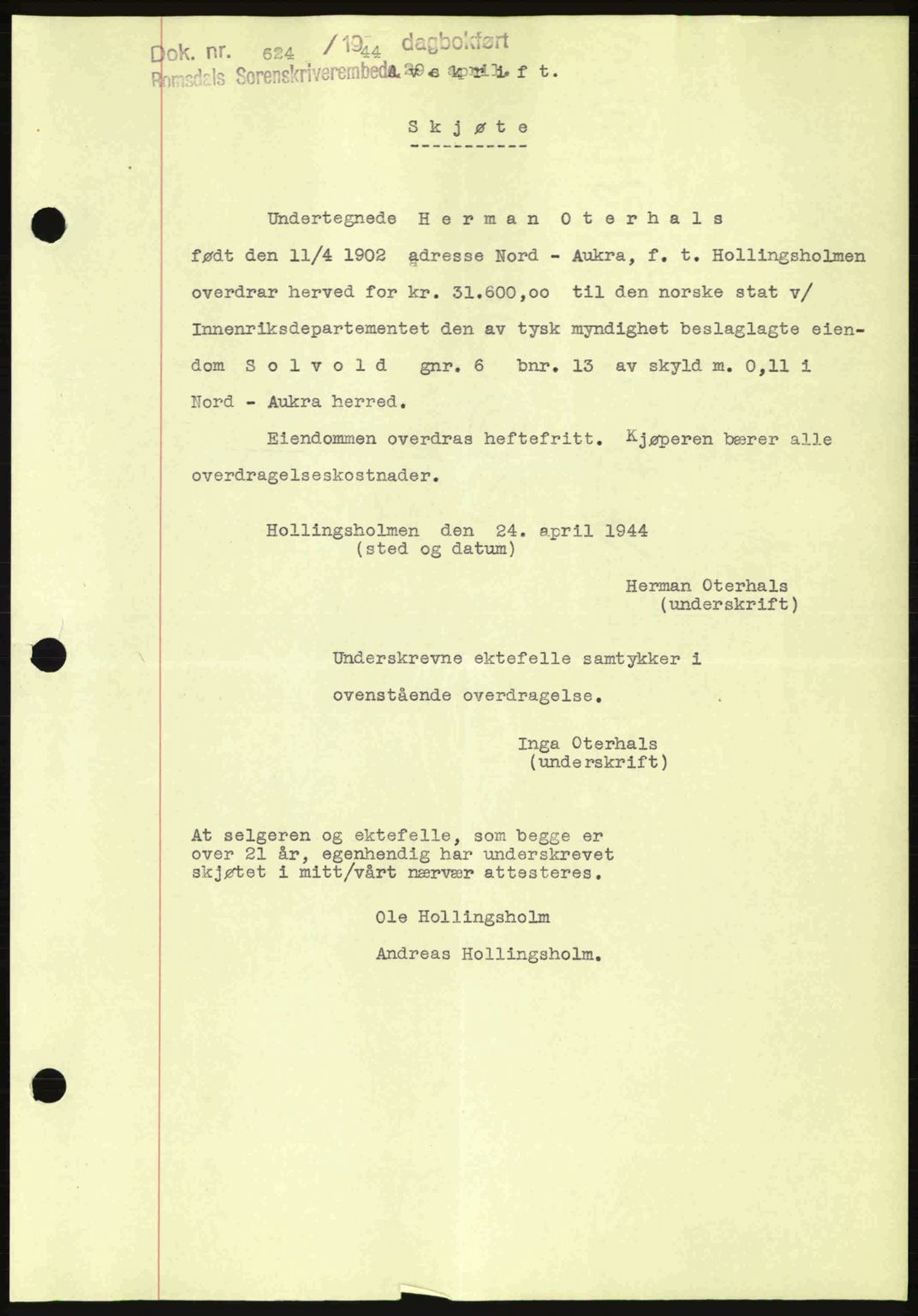 Romsdal sorenskriveri, SAT/A-4149/1/2/2C: Mortgage book no. A16, 1944-1944, Diary no: : 624/1944