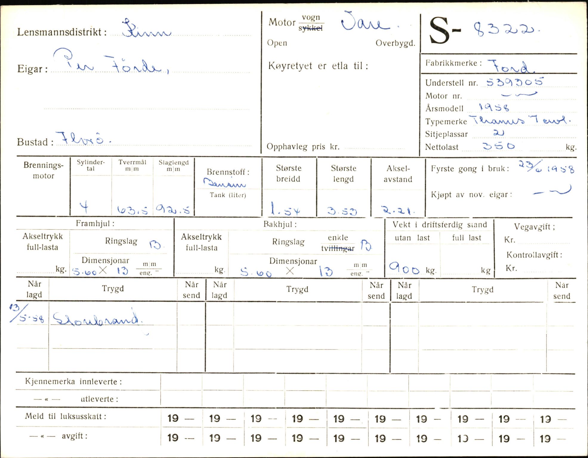 Statens vegvesen, Sogn og Fjordane vegkontor, AV/SAB-A-5301/4/F/L0006: Registerkort utmeldte Fjordane S8300-9500, 1930-1961, p. 36