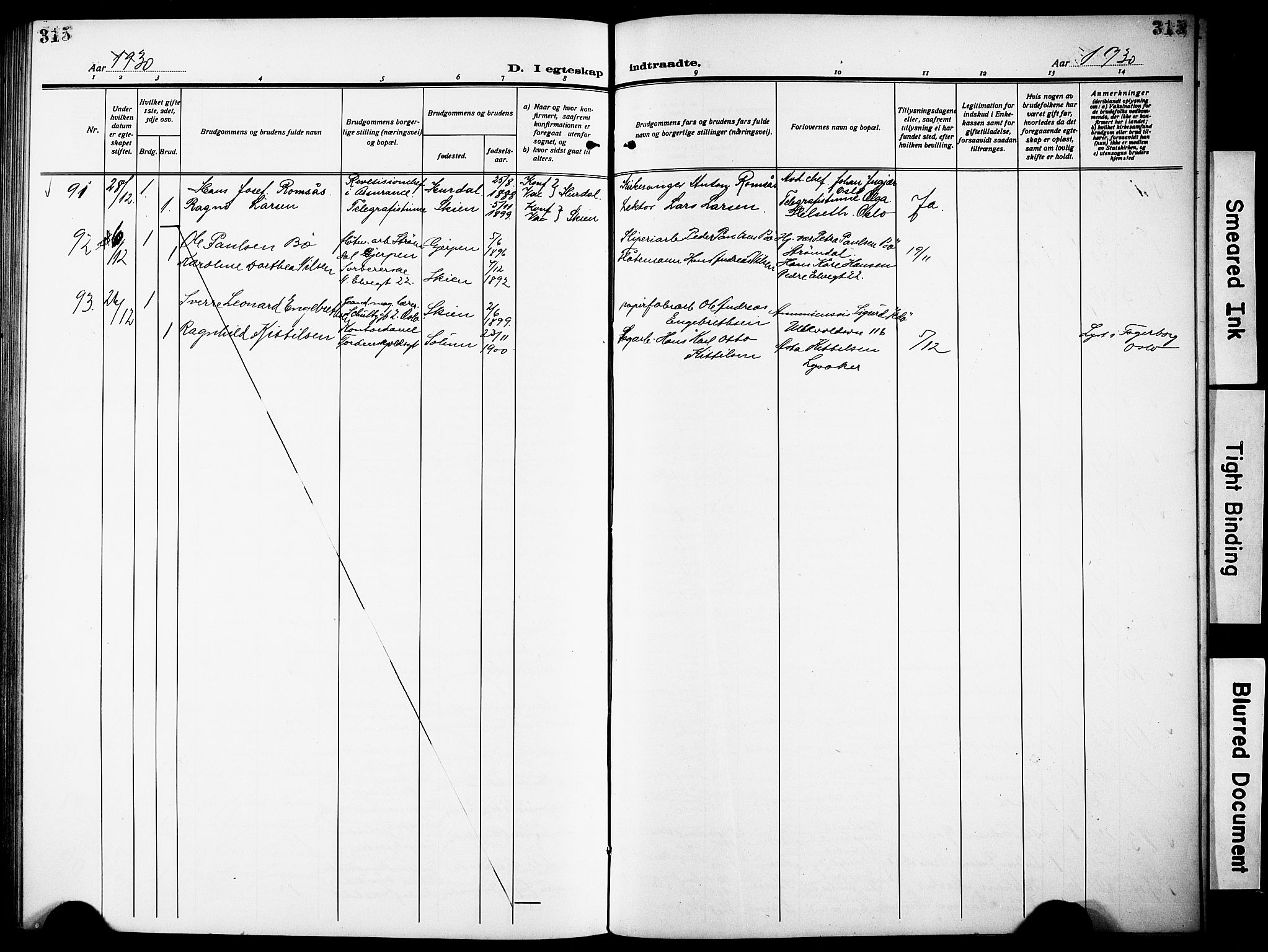 Skien kirkebøker, AV/SAKO-A-302/G/Ga/L0010: Parish register (copy) no. 10, 1920-1931, p. 315